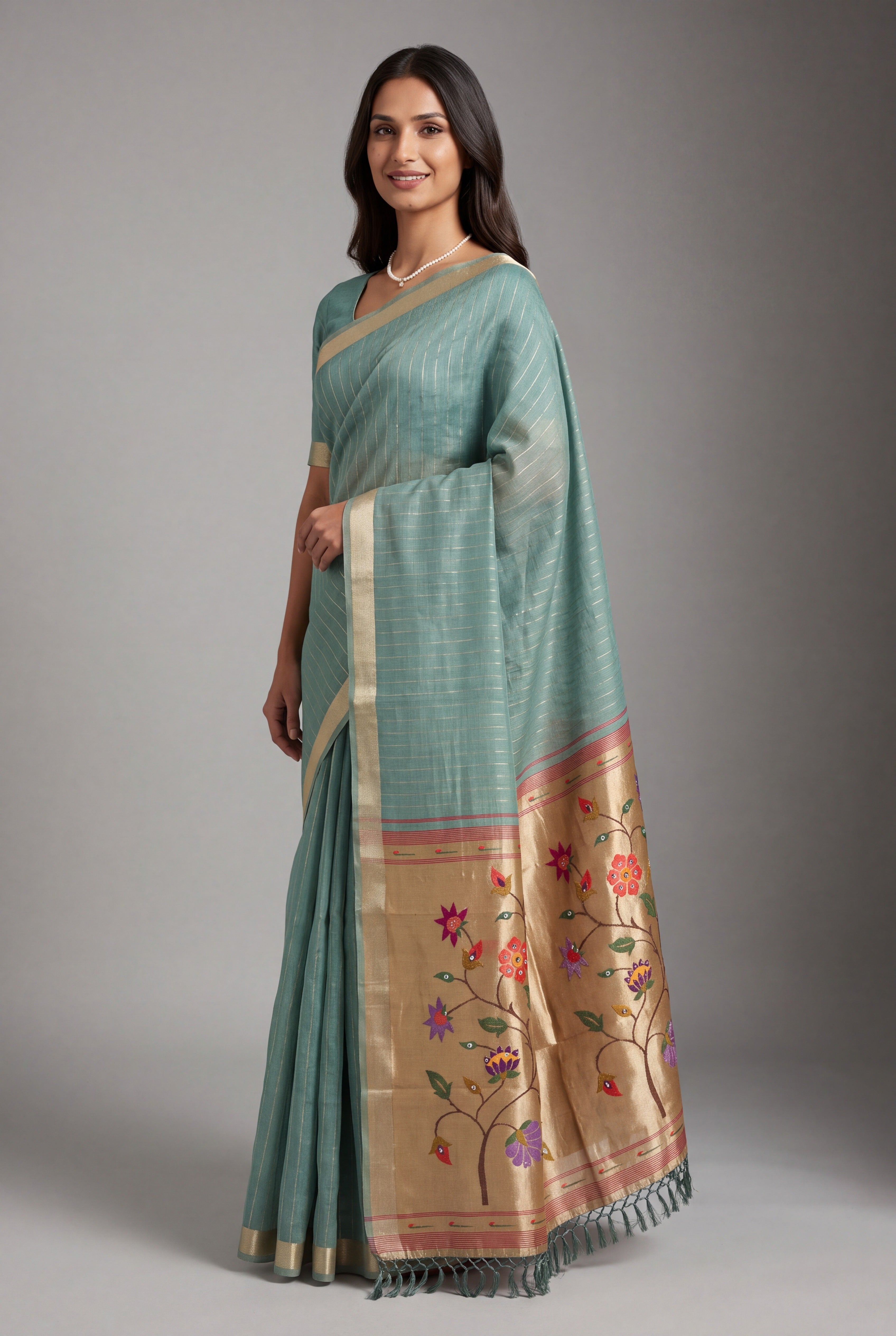 Sea Green Jamdhani Cotton Paithani Saree with Zari Stripes and Puṣpavallī Pallu