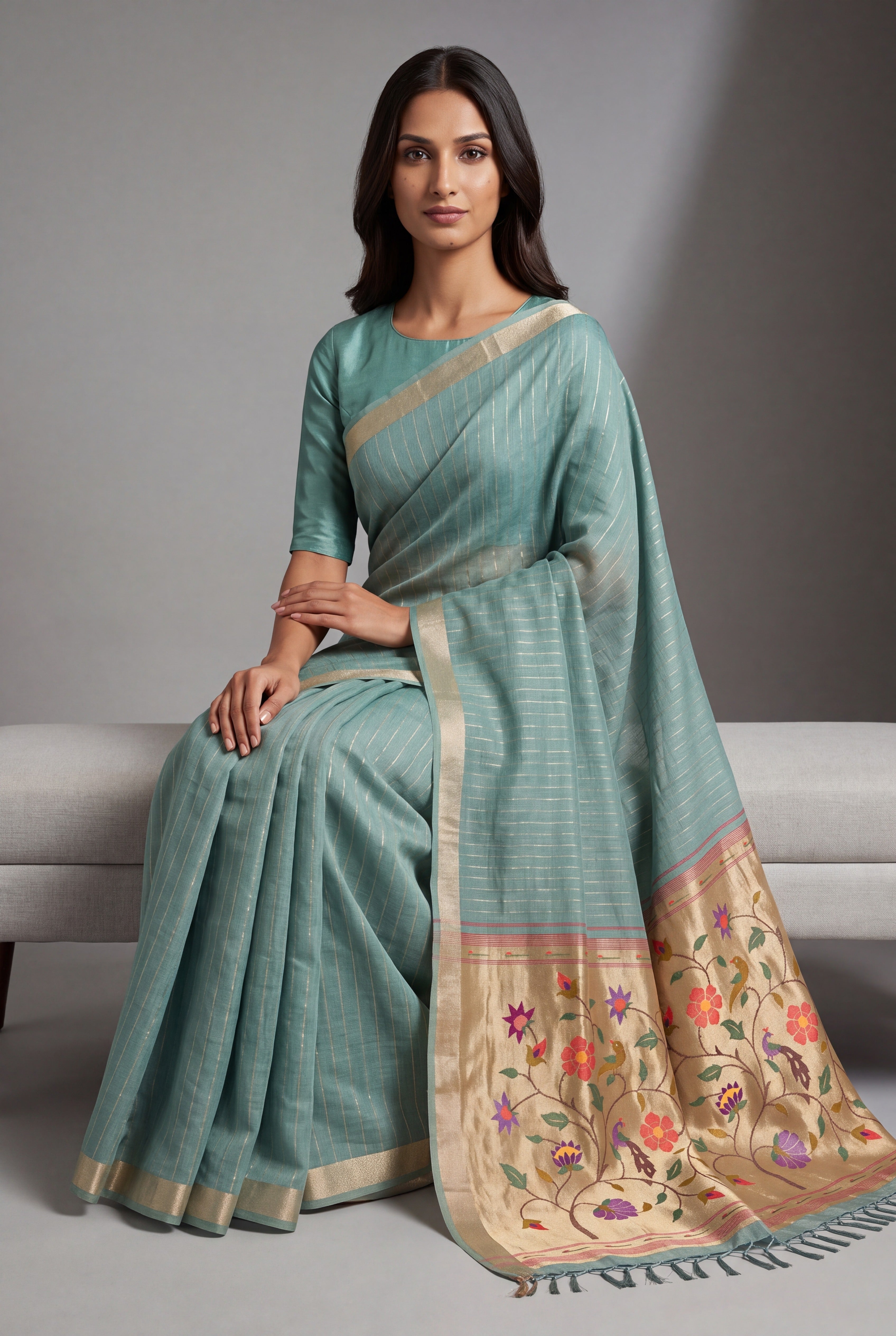Sea Green Jamdhani Cotton Paithani Saree with Zari Stripes and Puṣpavallī Pallu