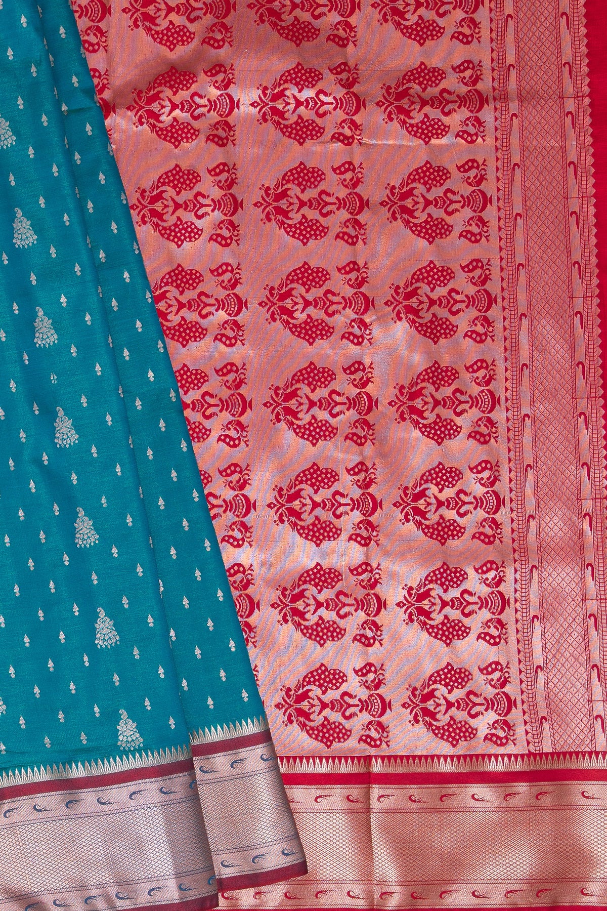 Sea Green Soft Silk Paithani Saree with Gold Zari Double Butti and contrast Rani Pink border and Pallu