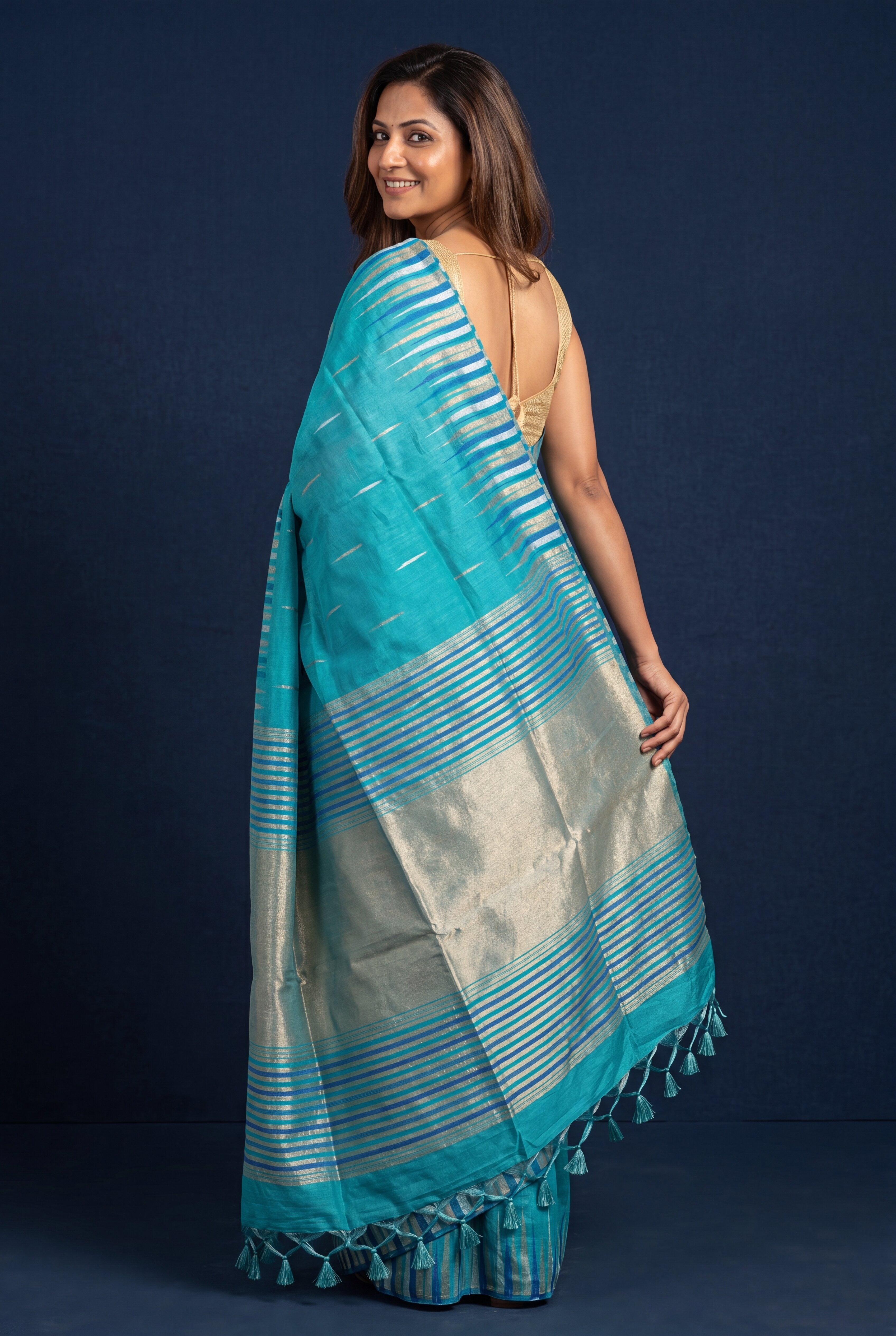Sea Green Tussar Silk Saree with Resham and Zari Irkal border