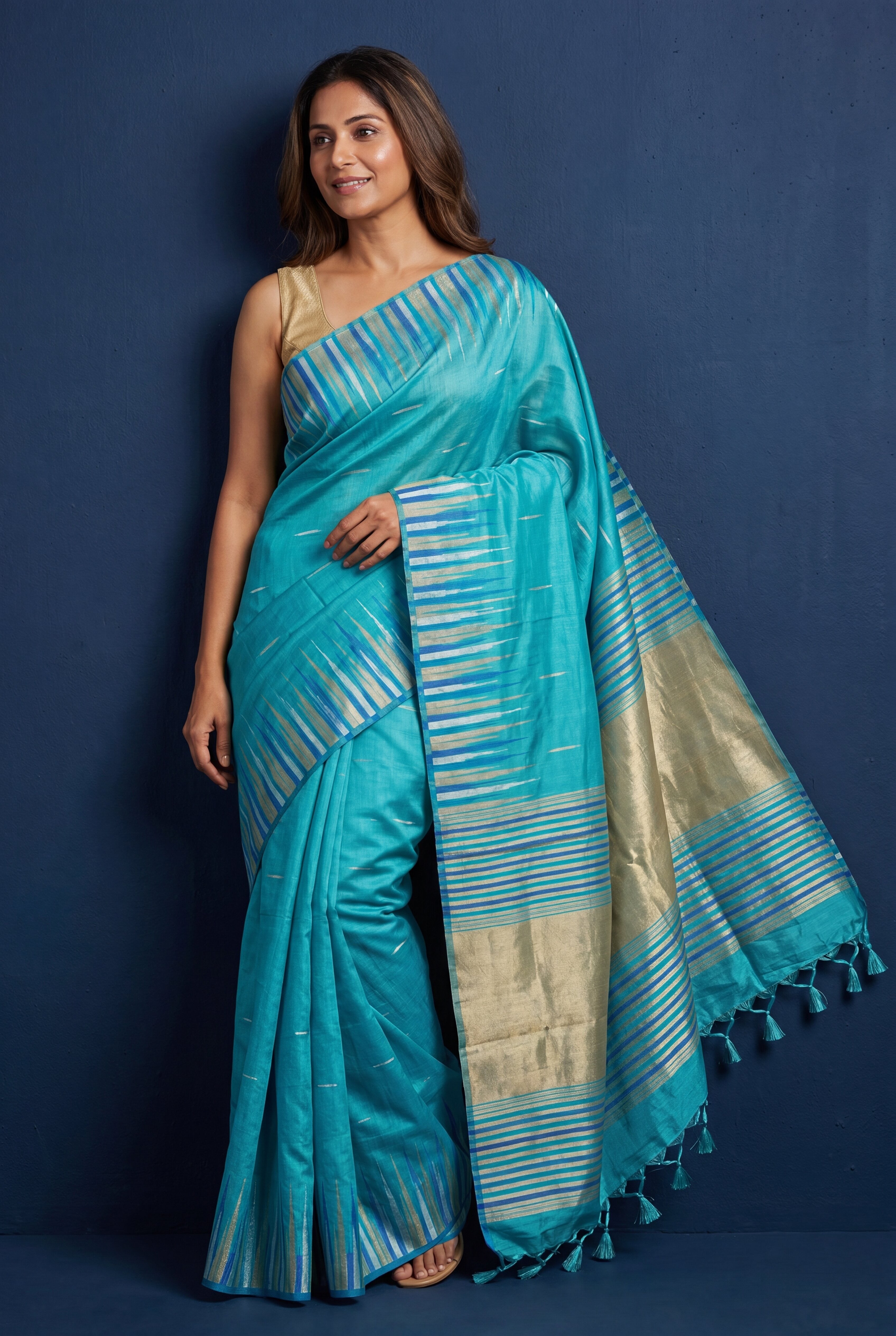 Sea Green Tussar Silk Saree with Resham and Zari Irkal border