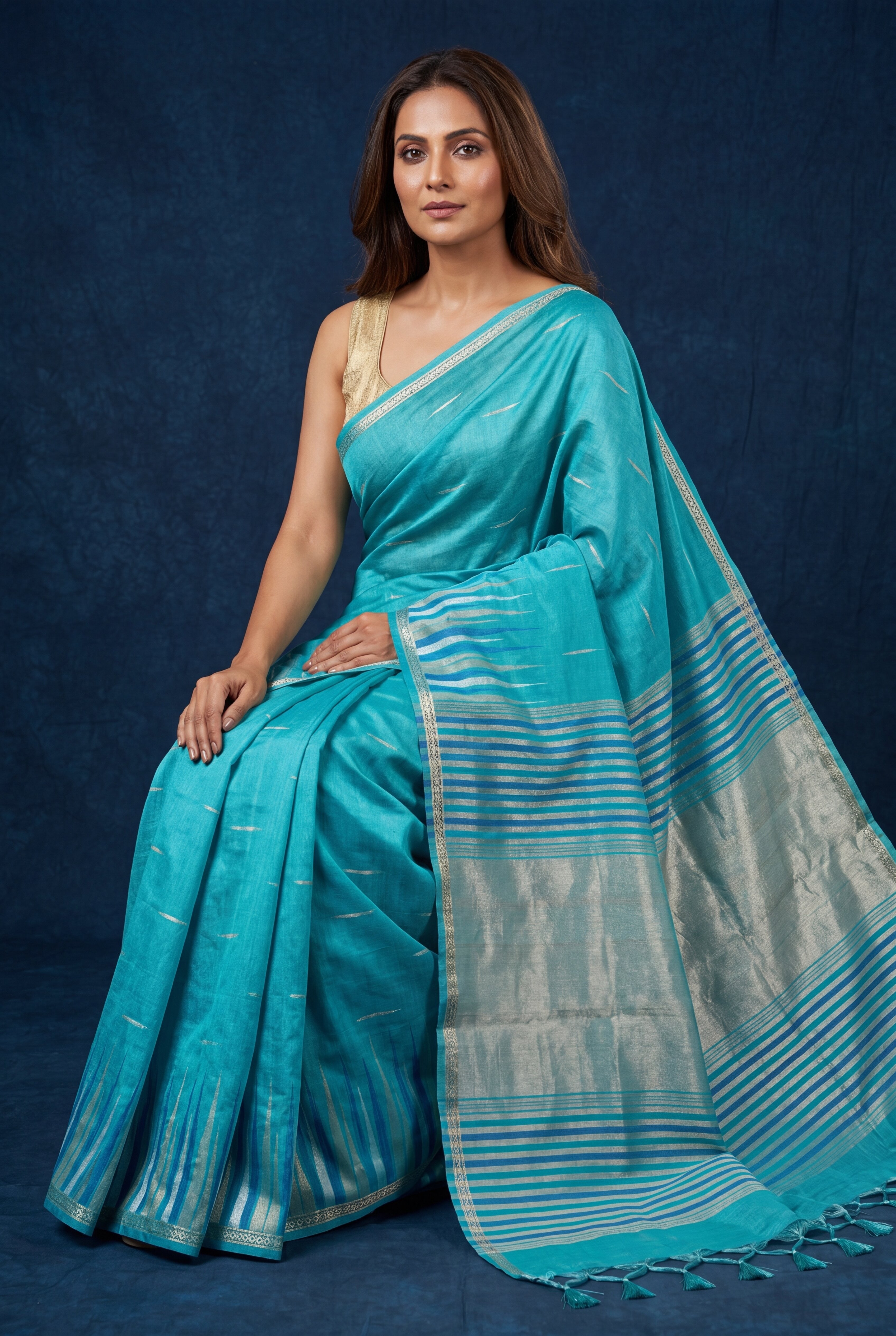 Sea Green Tussar Silk Saree with Resham and Zari Irkal border