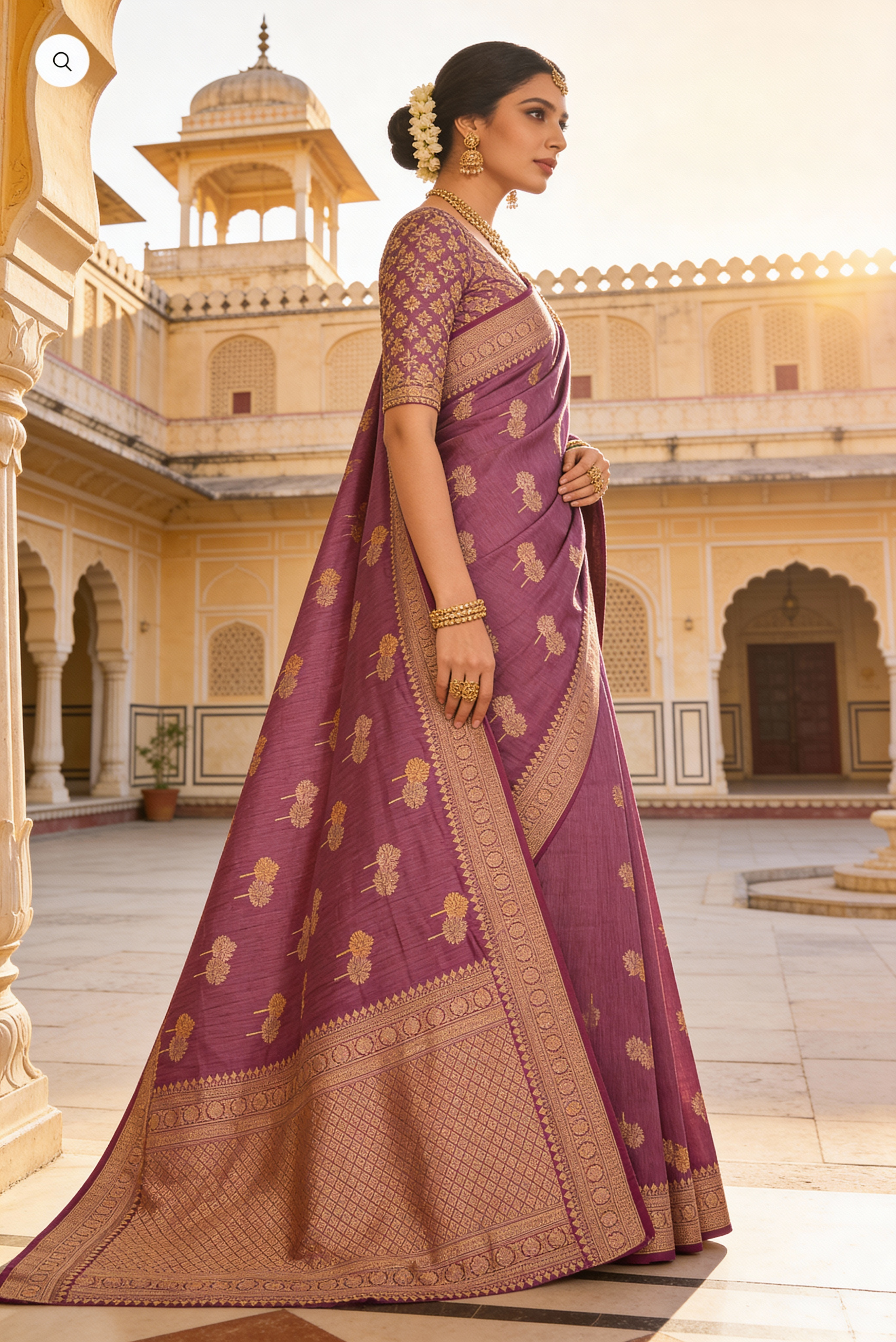 Dusty Rose Jute Silk Saree with Gold and Copper Zariwork