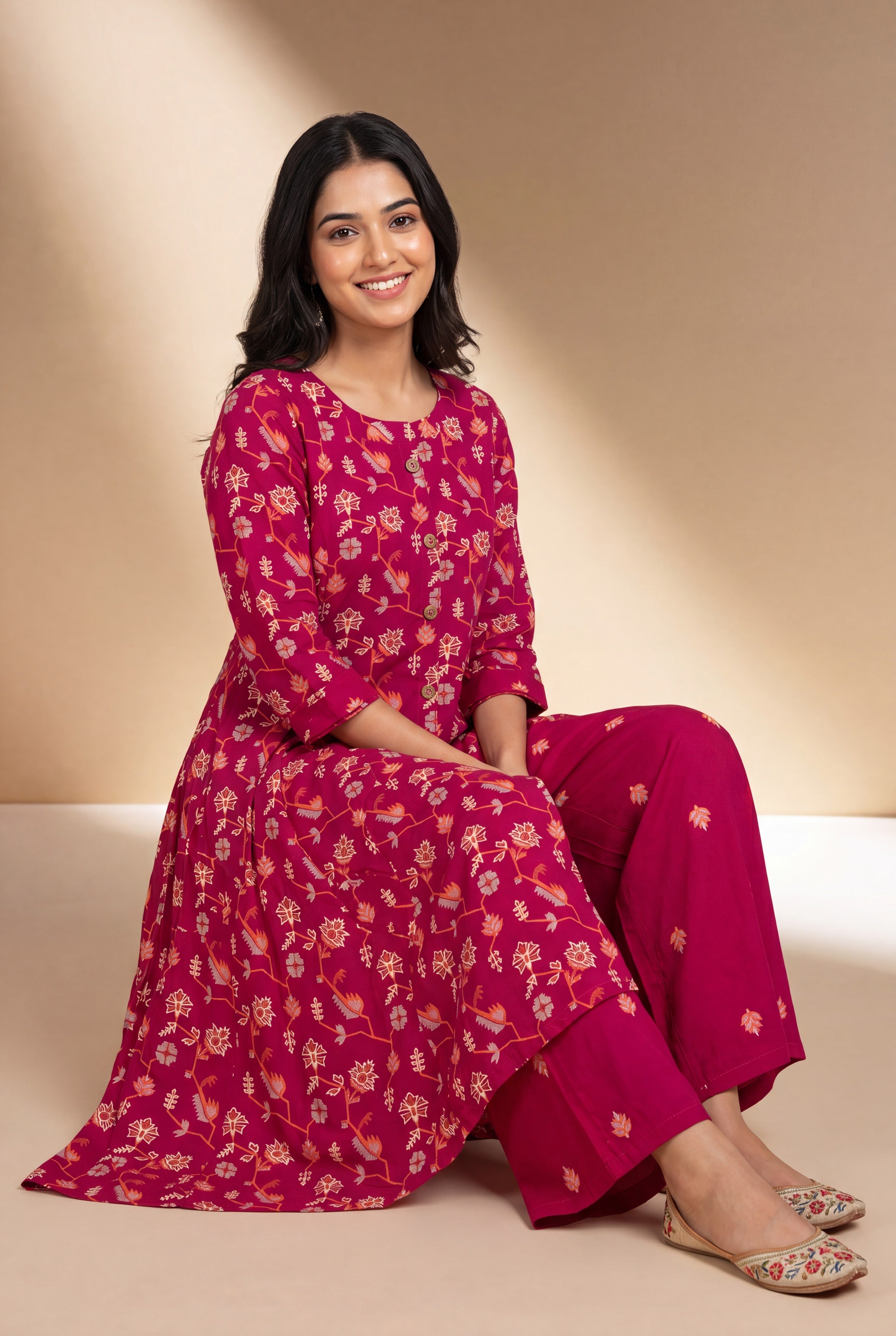 Strawberry Pink Aranya Co-ord Set with Asawali Print