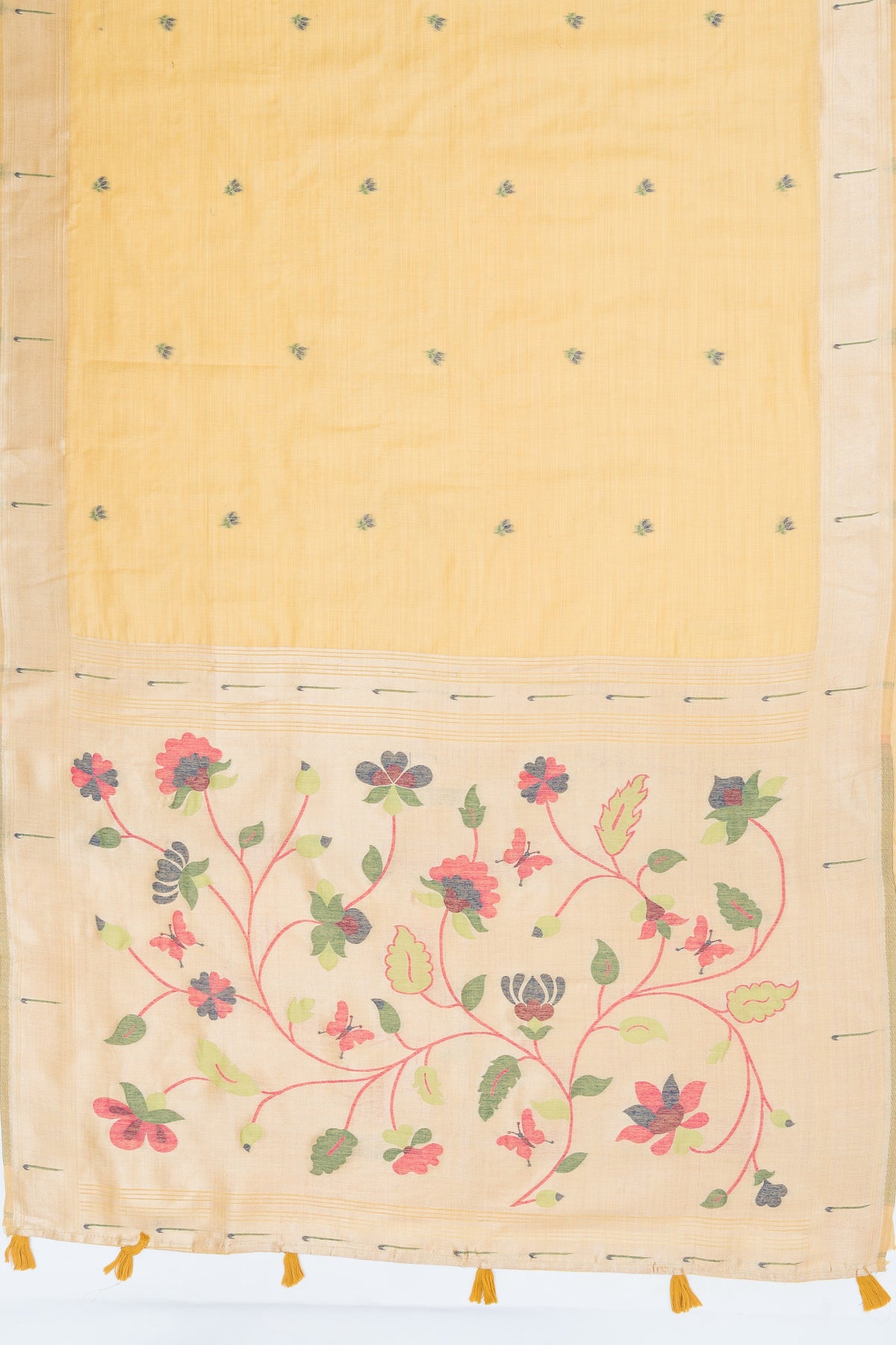 Sunflower Yellow Jamdani Cotton Paithani Saree with Gold Zari Muniya Border and Vanashree Pallu