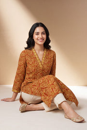 Sunset Orange Āmrapatra Cotton Kurti with Paisley and Floral block print