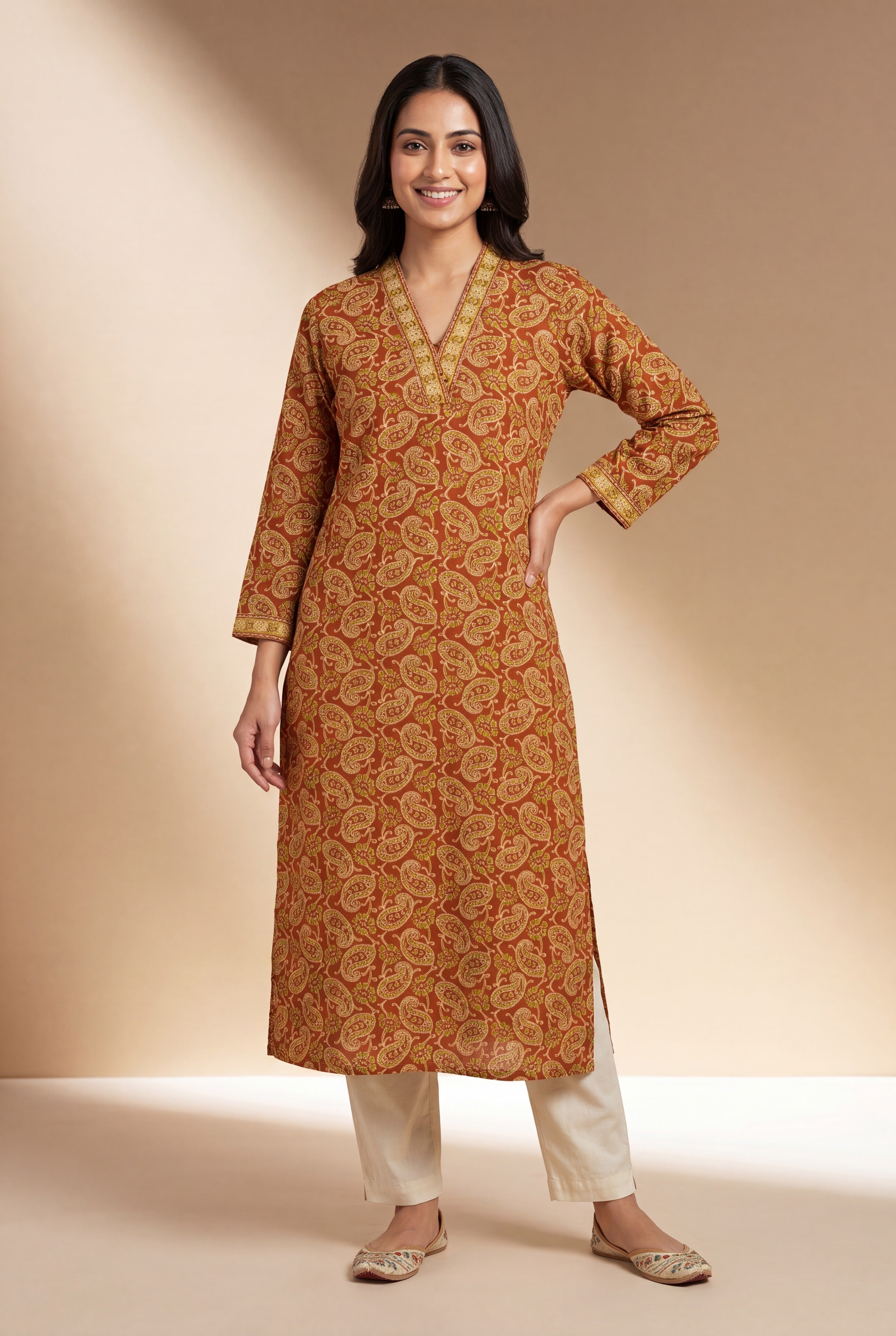 Sunset Orange Āmrapatra Cotton Kurti with Paisley and Floral block print