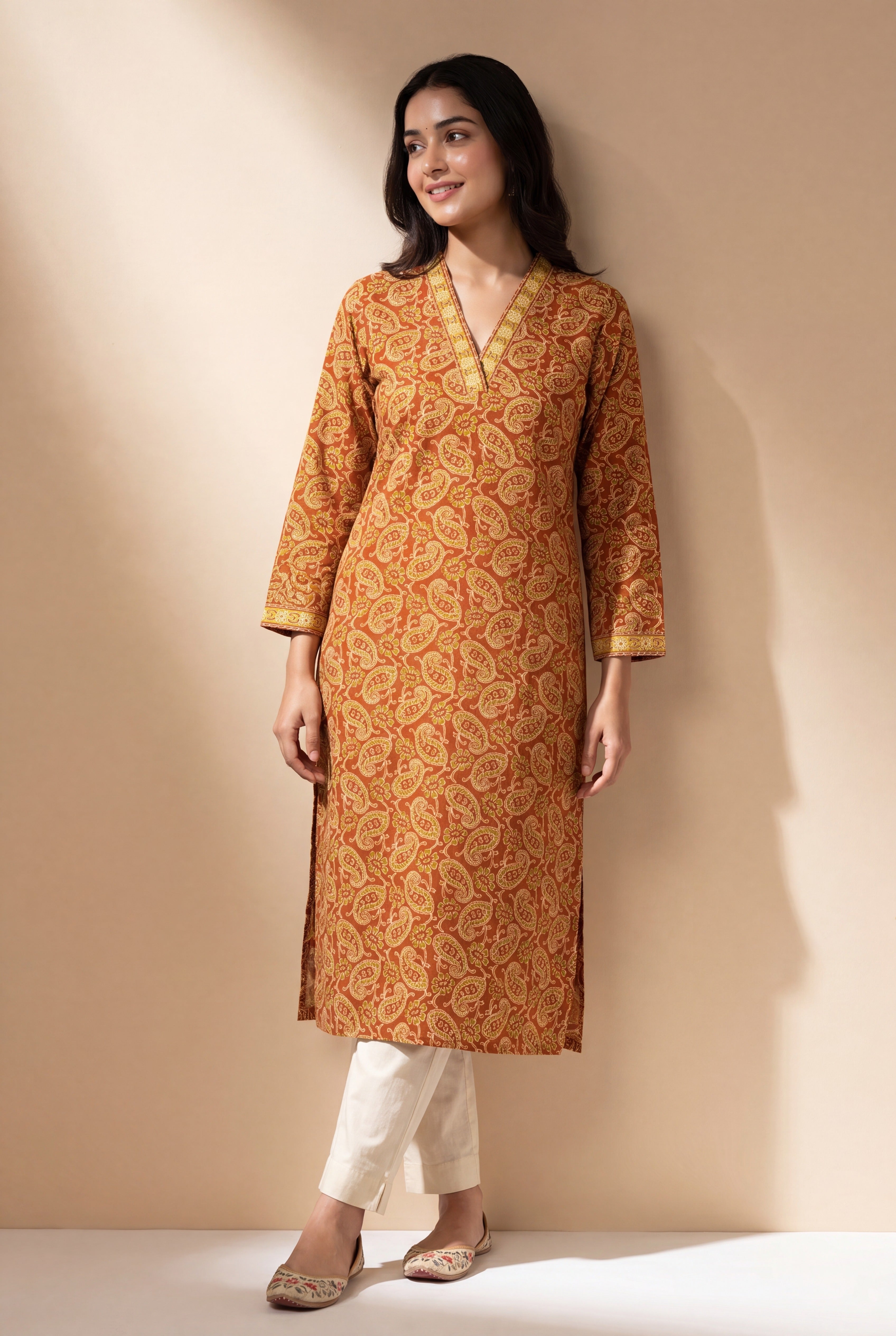 Sunset Orange Āmrapatra Cotton Kurti with Paisley and Floral block print