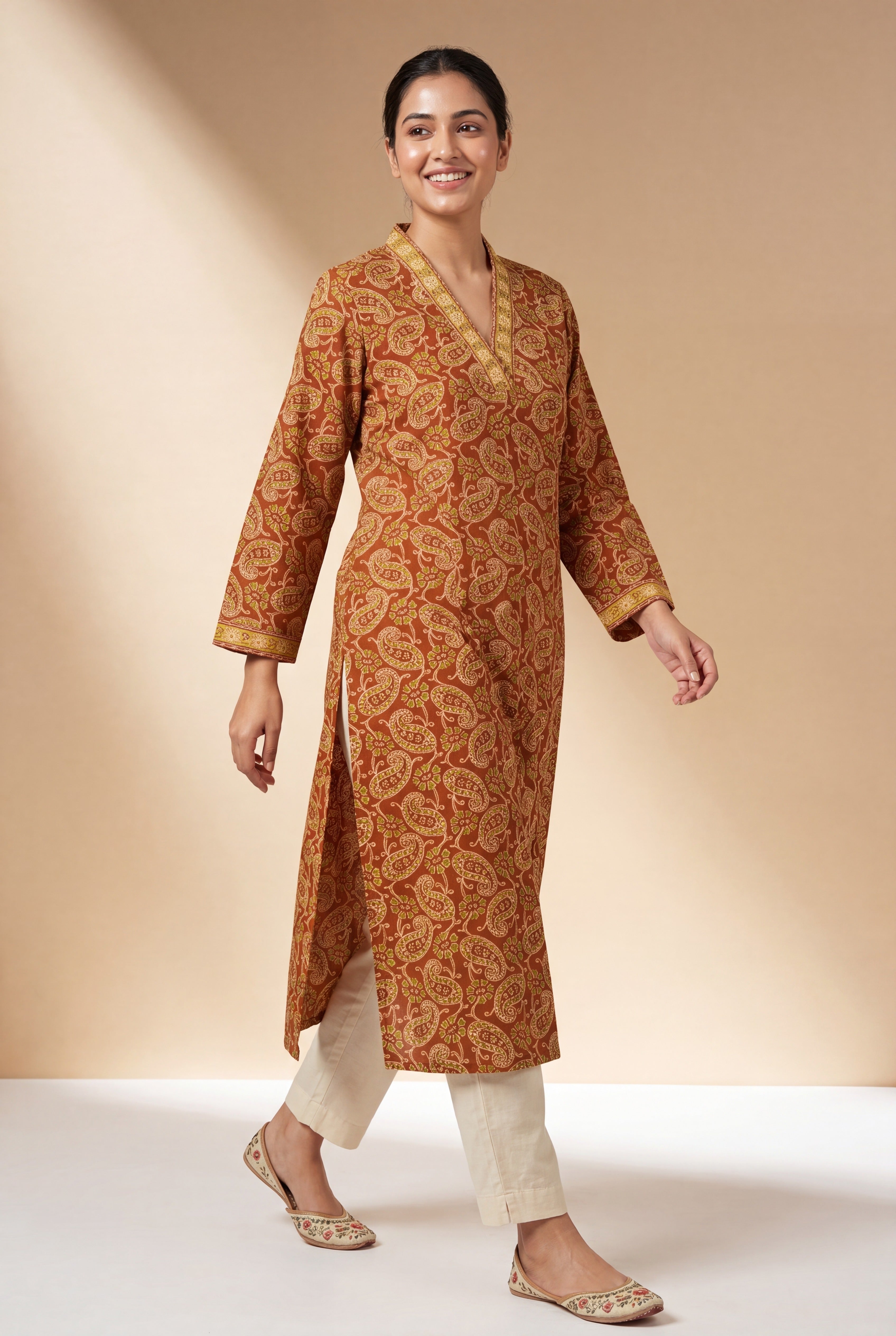 Sunset Orange Āmrapatra Cotton Kurti with Paisley and Floral block print