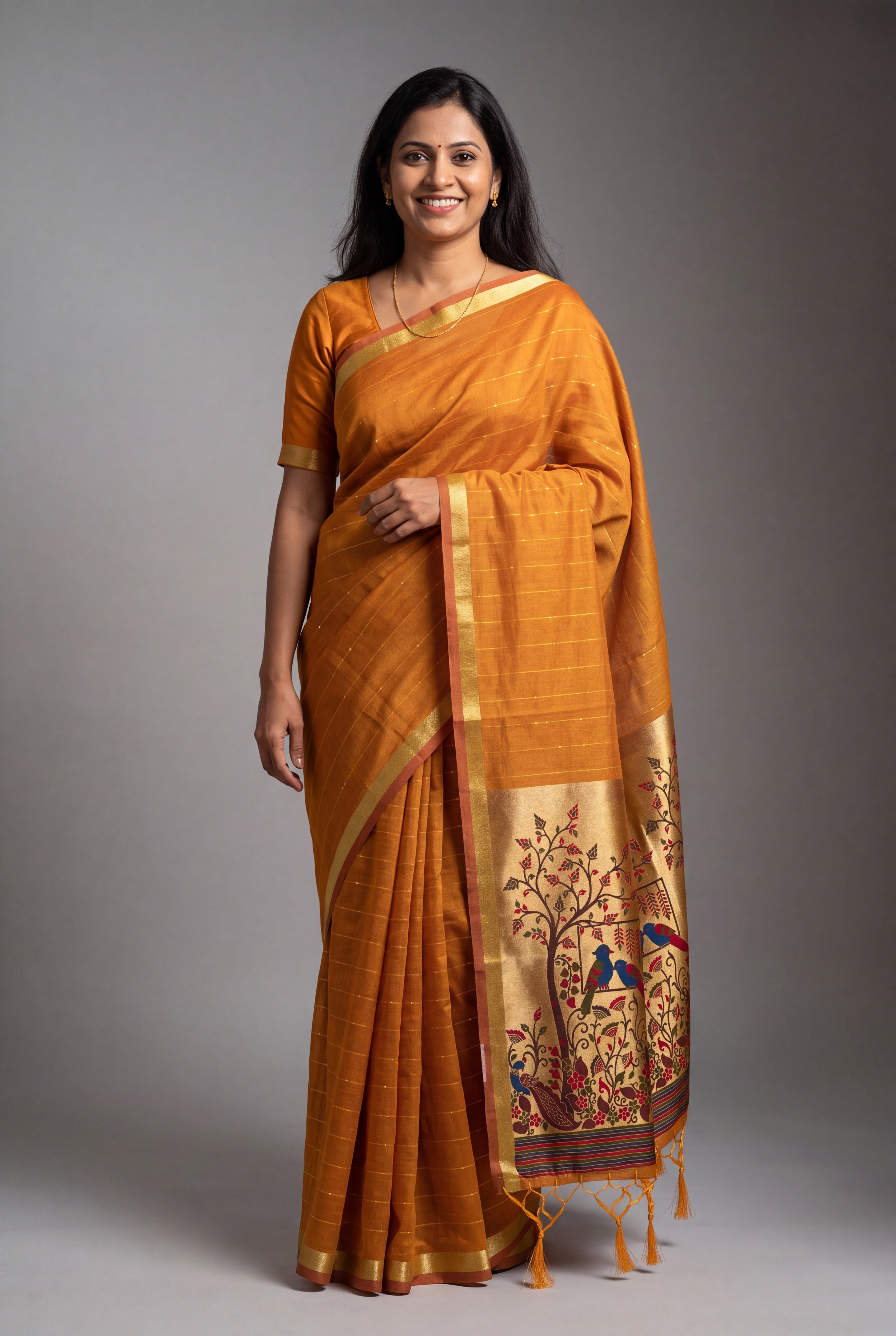 Sunset Orange Jamdhani Cotton Paithani with Tarumayūra Pallu and Lakdipatta border
