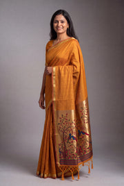 Sunset Orange Jamdhani Cotton Paithani with Tarumayūra Pallu and Lakdipatta border