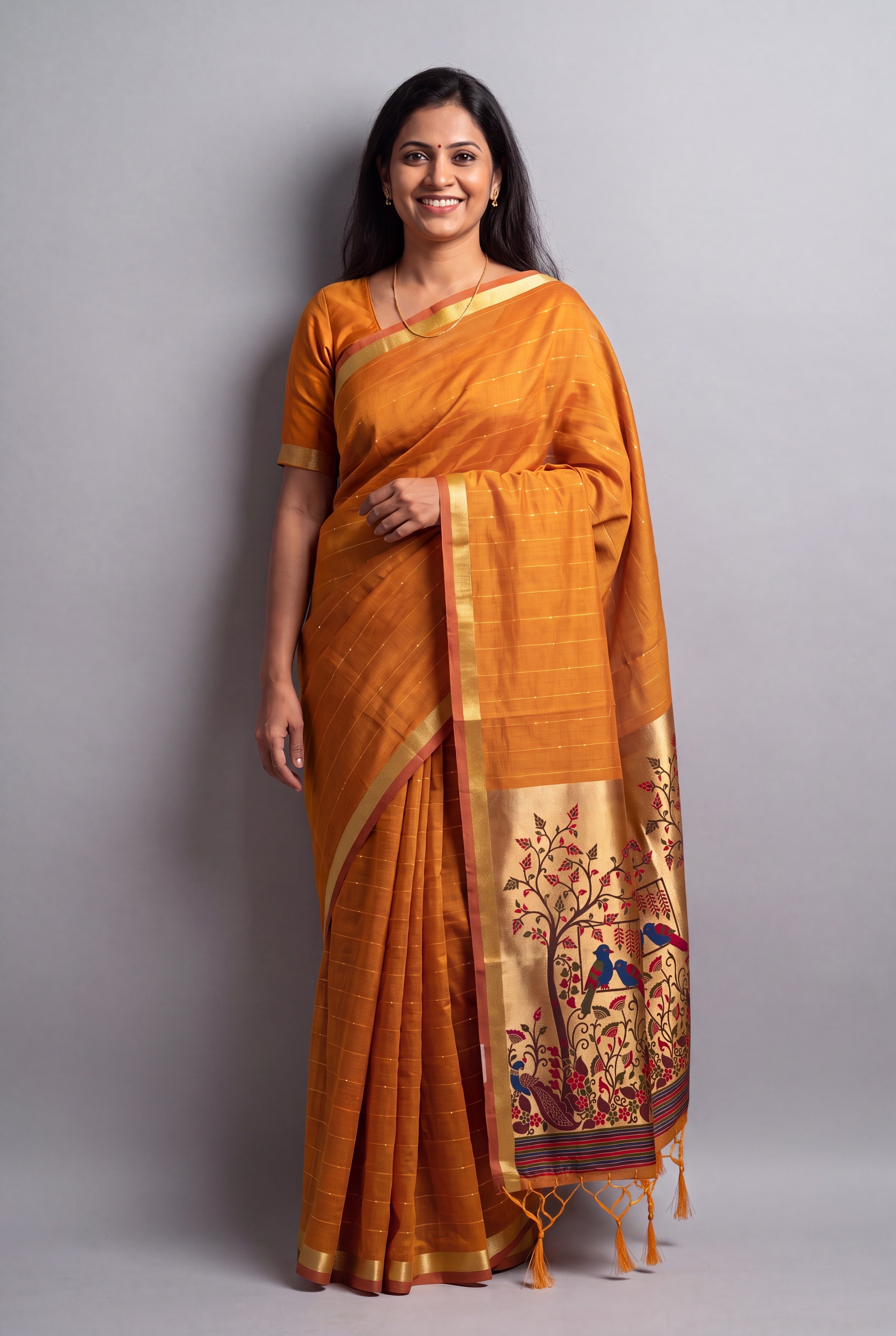 Sunset Orange Jamdhani Cotton Paithani with Tarumayūra Pallu and Lakdipatta border
