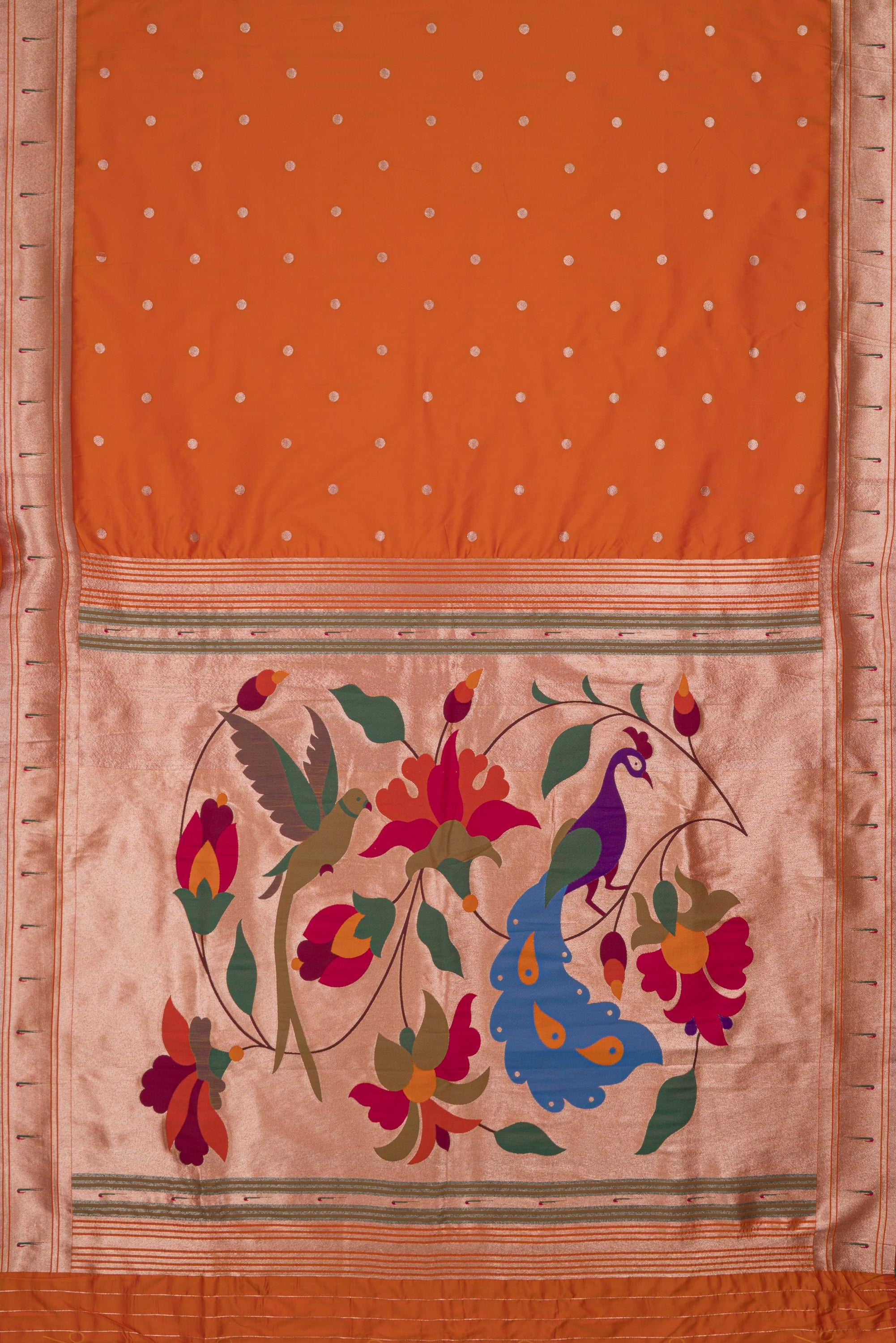 Sunset Orange Katan Silk Paithani Saree with Padma–Śuka–Mayūra Pallu and Zari butti