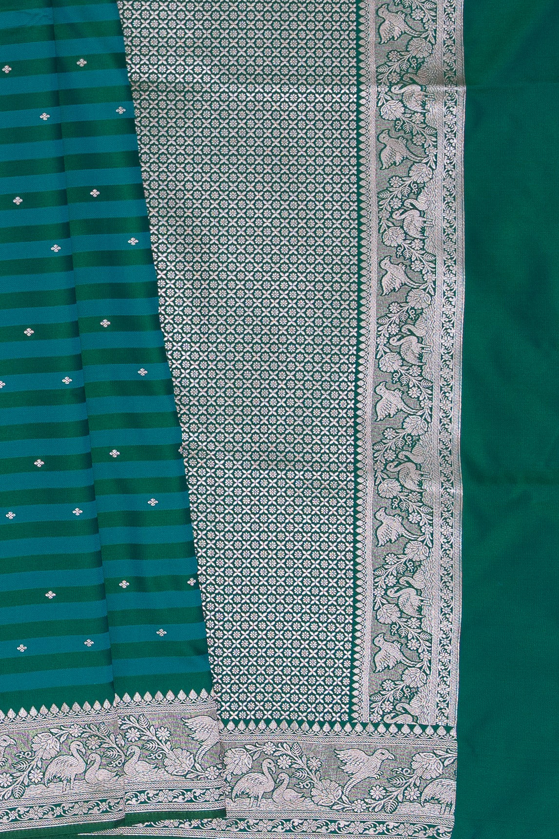 Teal Green Katan Silk Banarasi Striped Saree with Silver Star Butti
