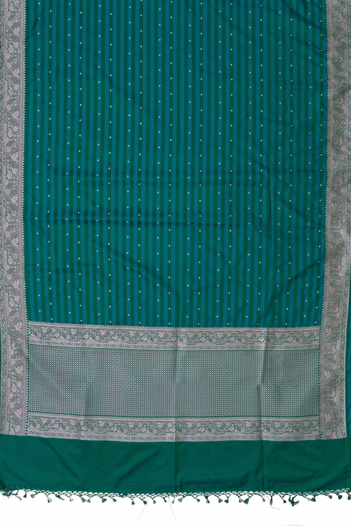 Teal Green Katan Silk Banarasi Striped Saree with Silver Star Butti