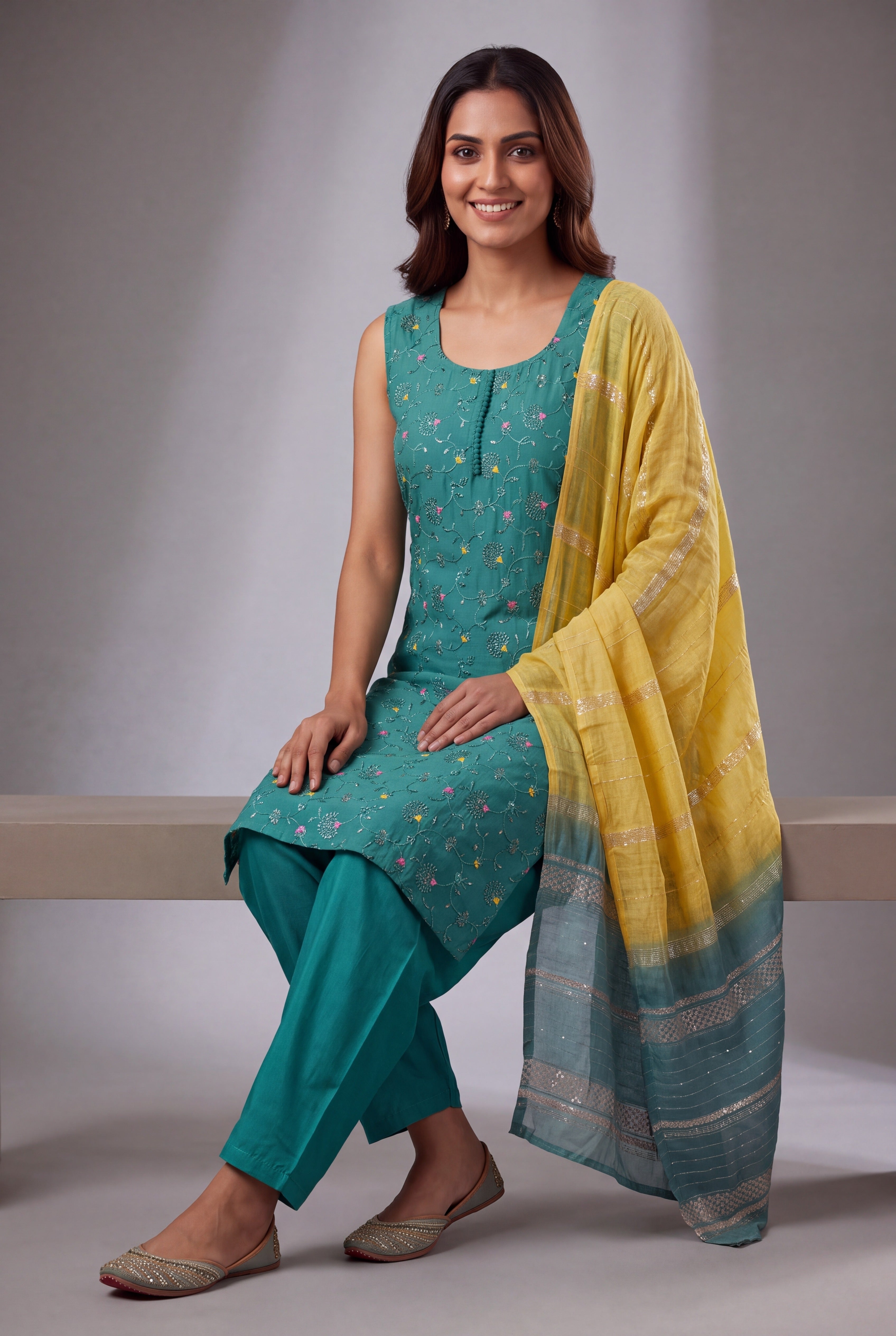 Teal Green Soft Silk Suit Set with Arunapushpa and Pitapushpa threadwork