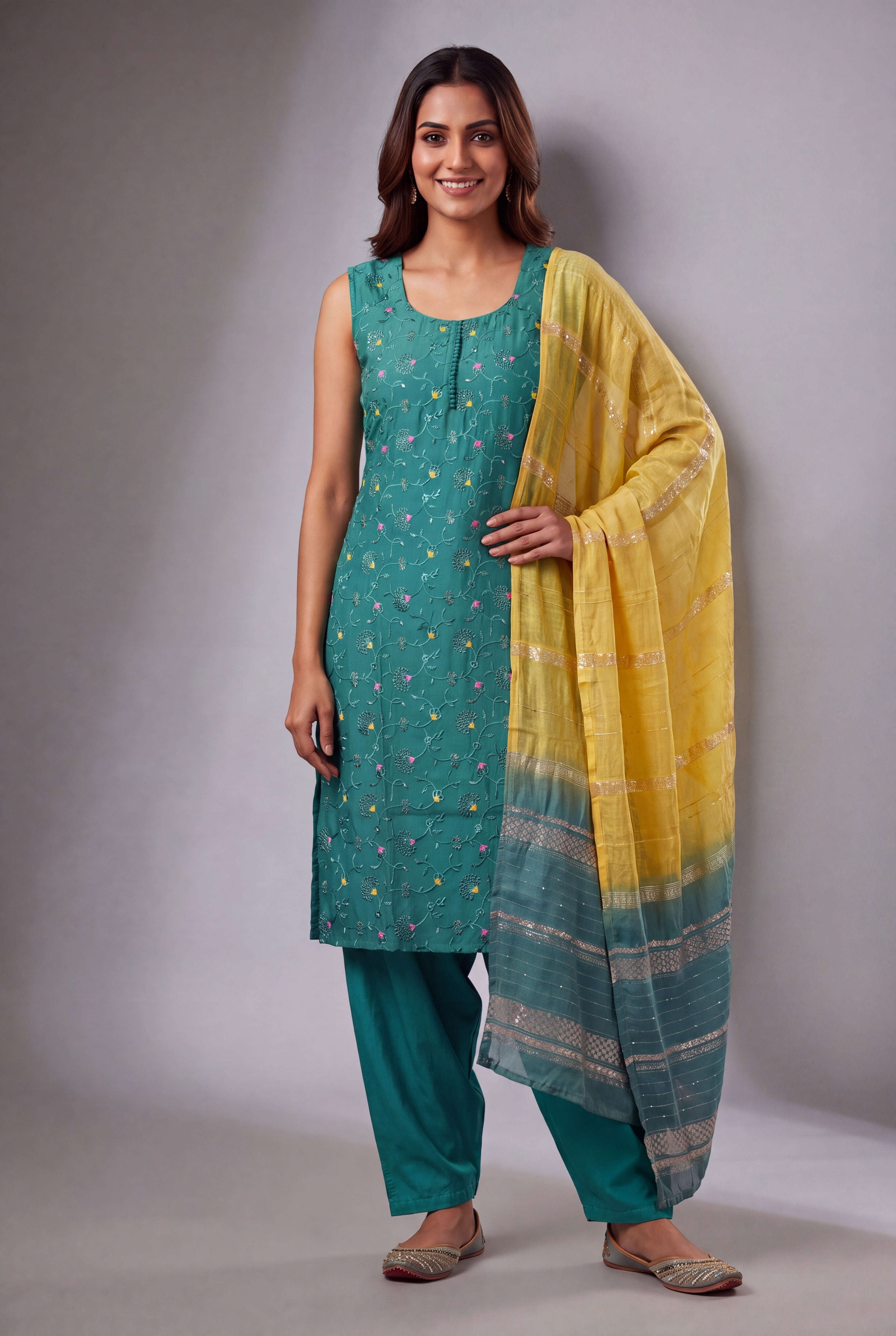 Teal Green Soft Silk Suit Set with Arunapushpa and Pitapushpa threadwork
