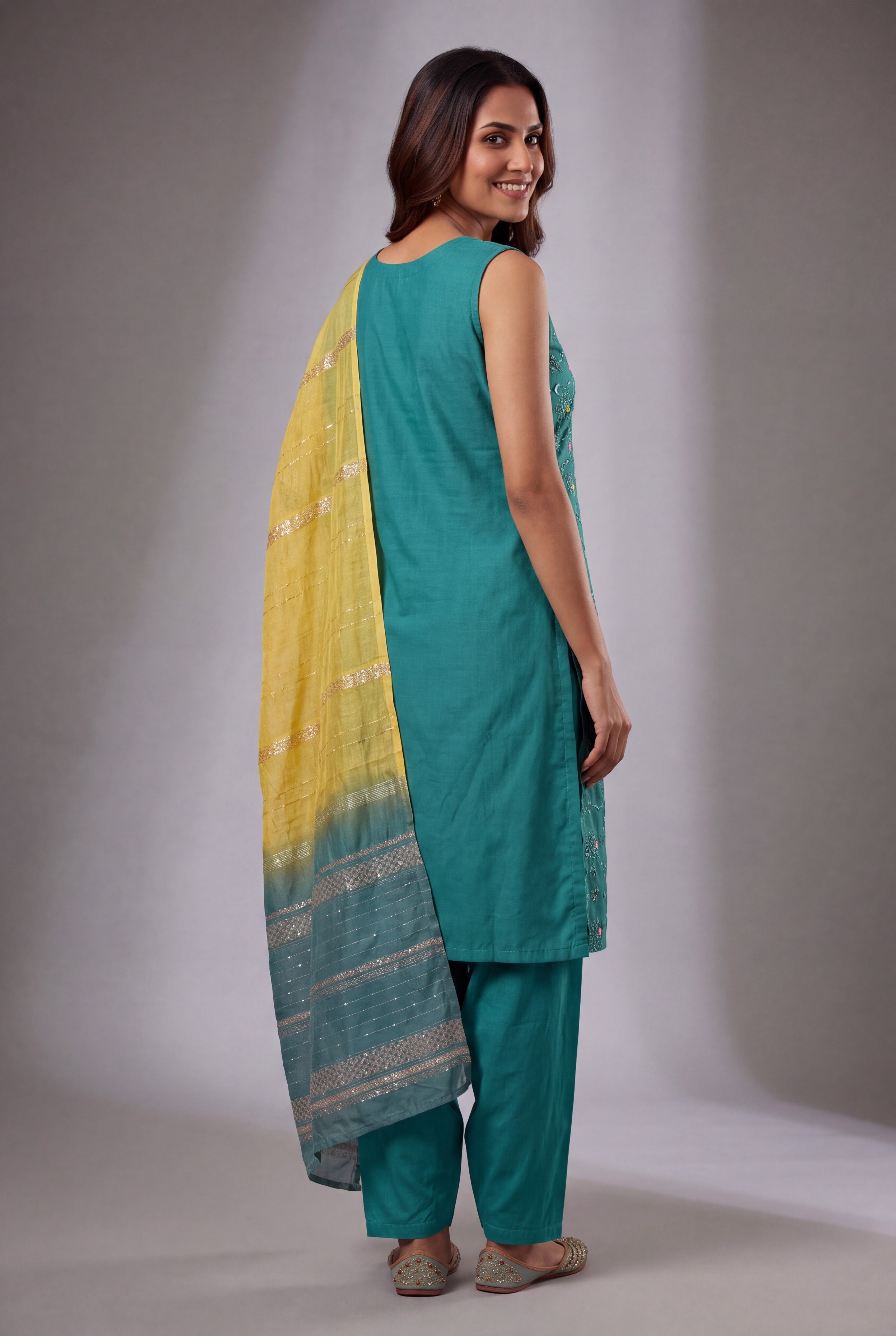 Teal Green Soft Silk Suit Set with Arunapushpa and Pitapushpa threadwork