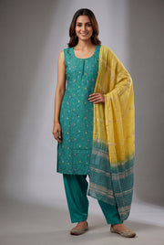 Teal Green Soft Silk Suit Set with Arunapushpa and Pitapushpa threadwork