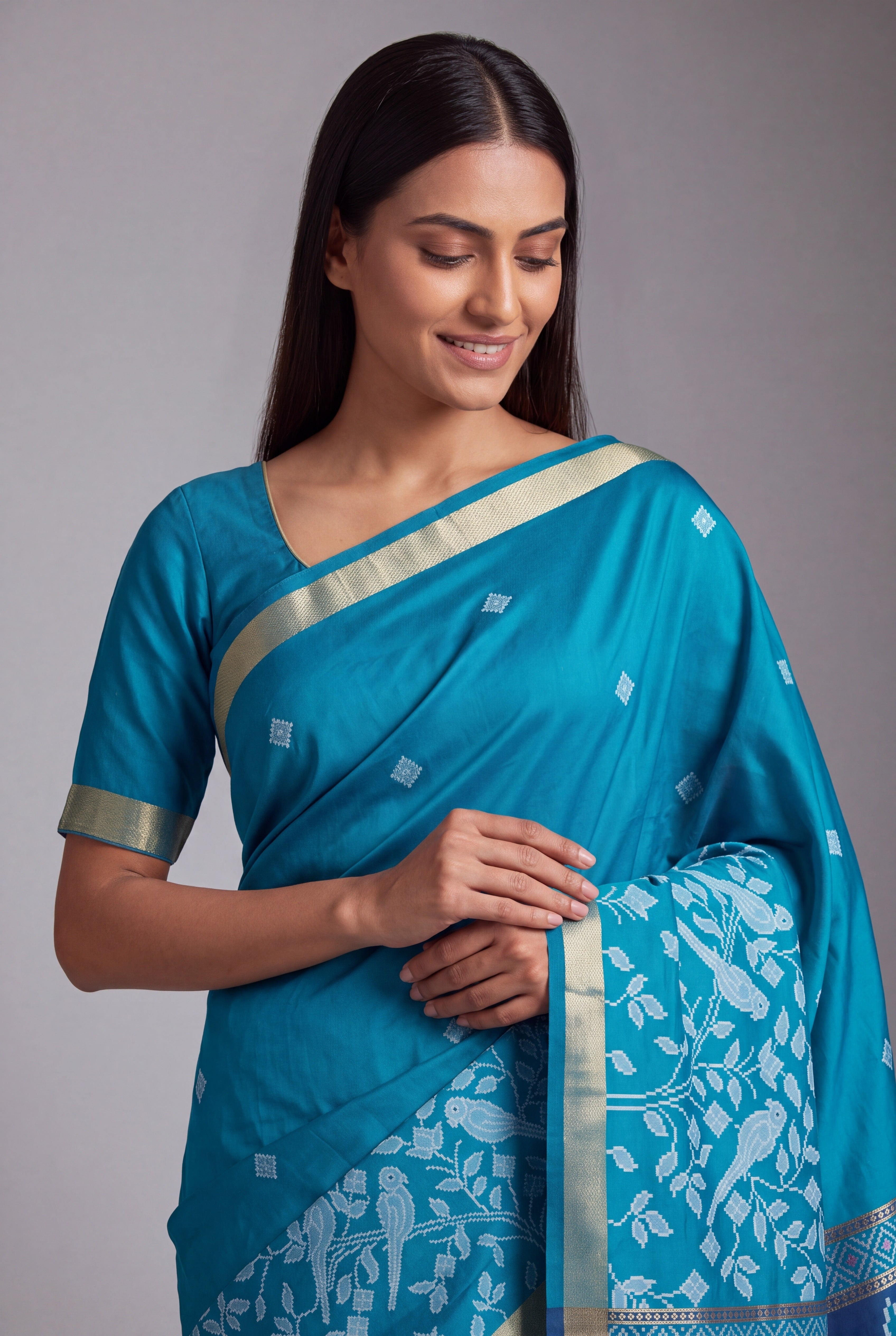 Turquoise Blue Katan Silk Paithani Saree with Geometric Shuka Pallu