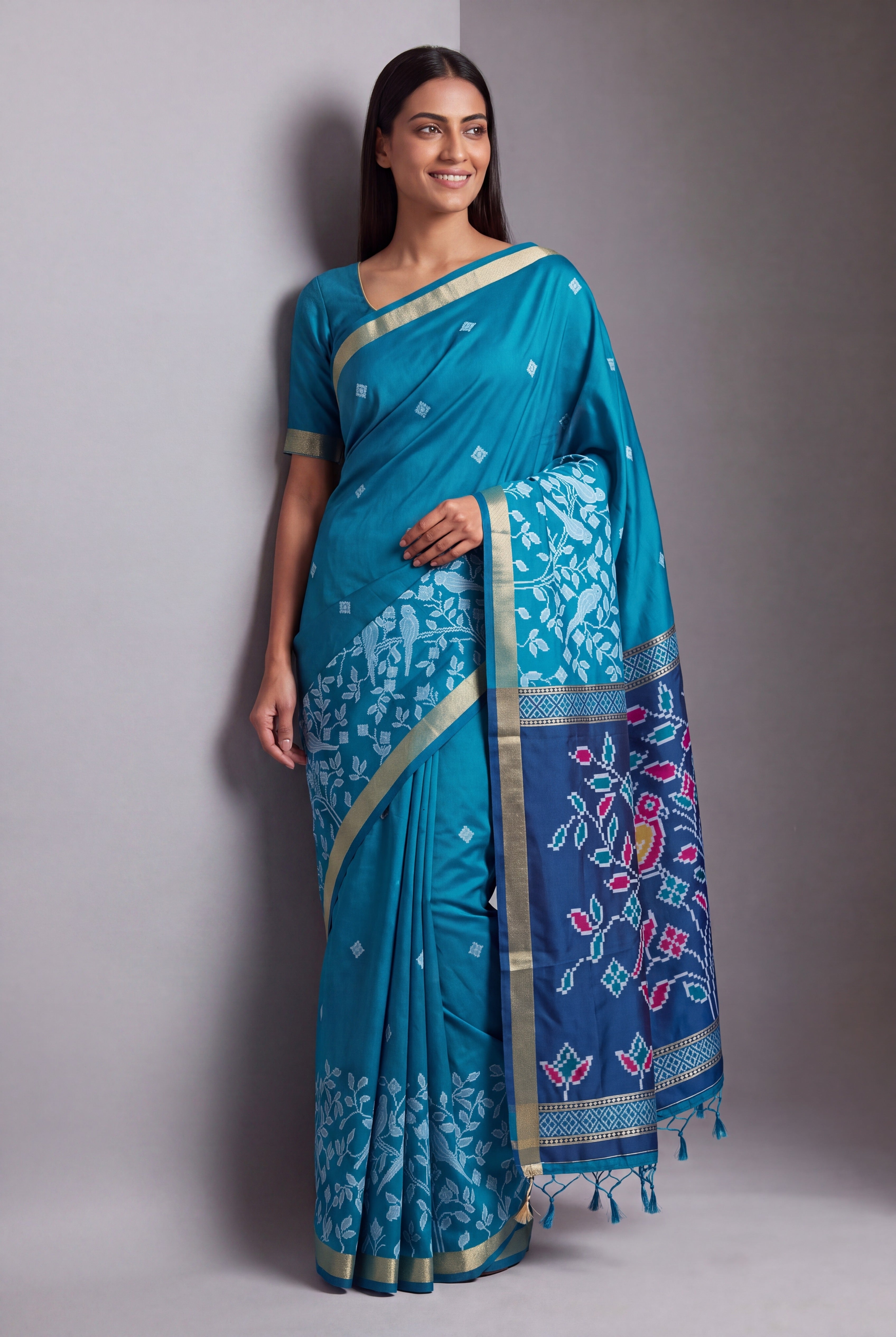 Turquoise Blue Katan Silk Paithani Saree with Geometric Shuka Pallu