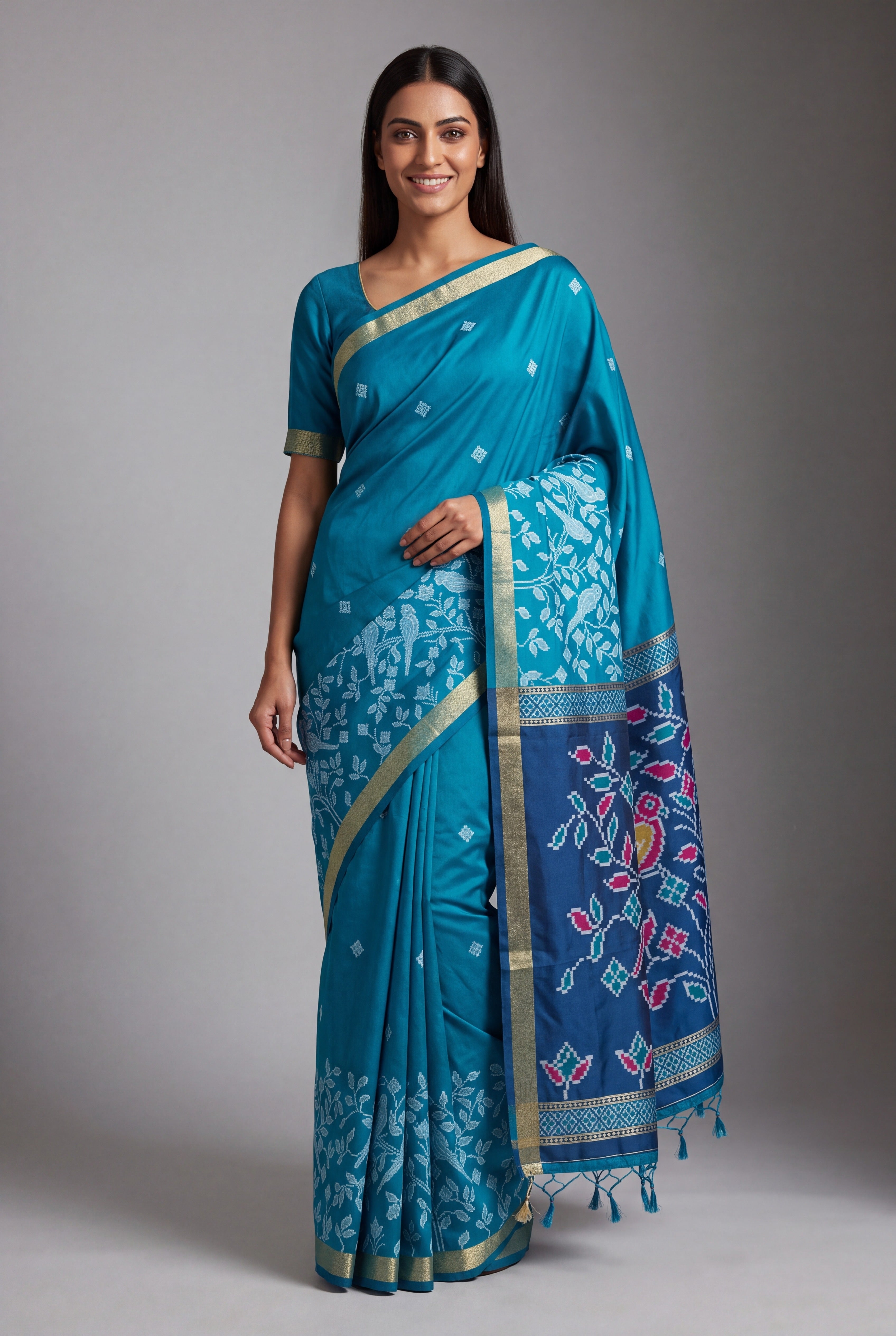 Turquoise Blue Katan Silk Paithani Saree with Geometric Shuka Pallu