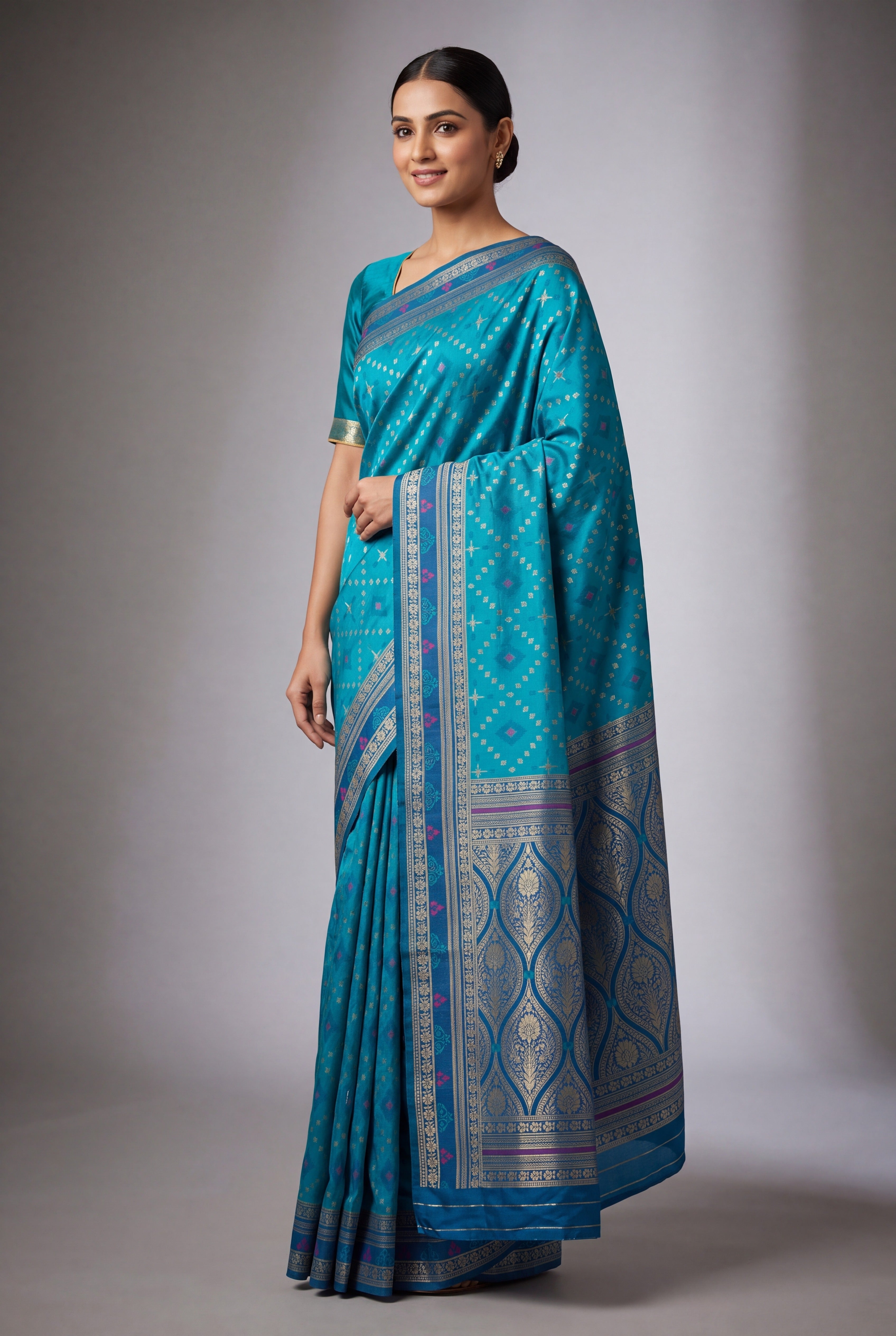 Turquoise Blue Katan Silk Patola Saree with Zariwork Navy Pallu