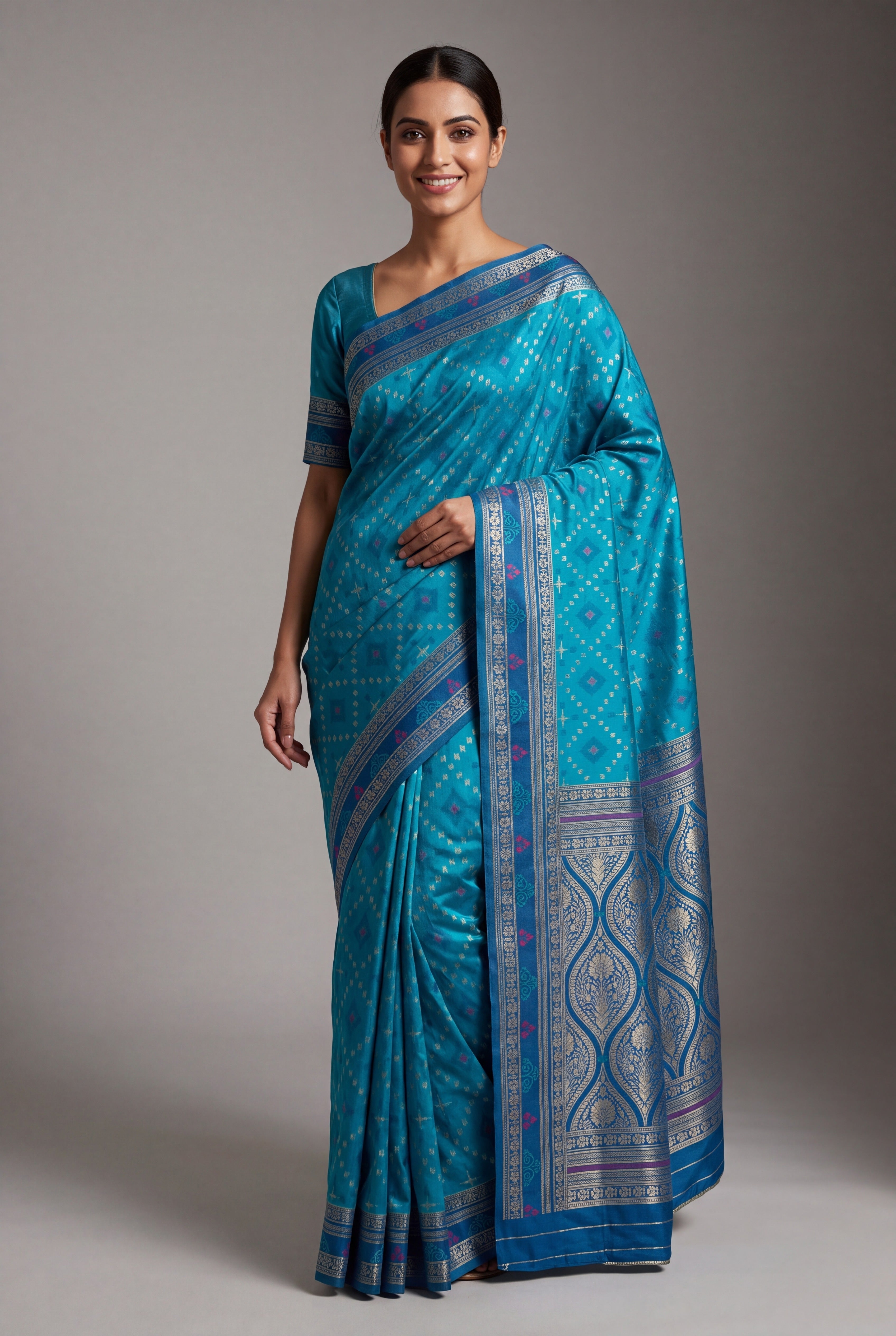 Turquoise Blue Katan Silk Patola Saree with Zariwork Navy Pallu