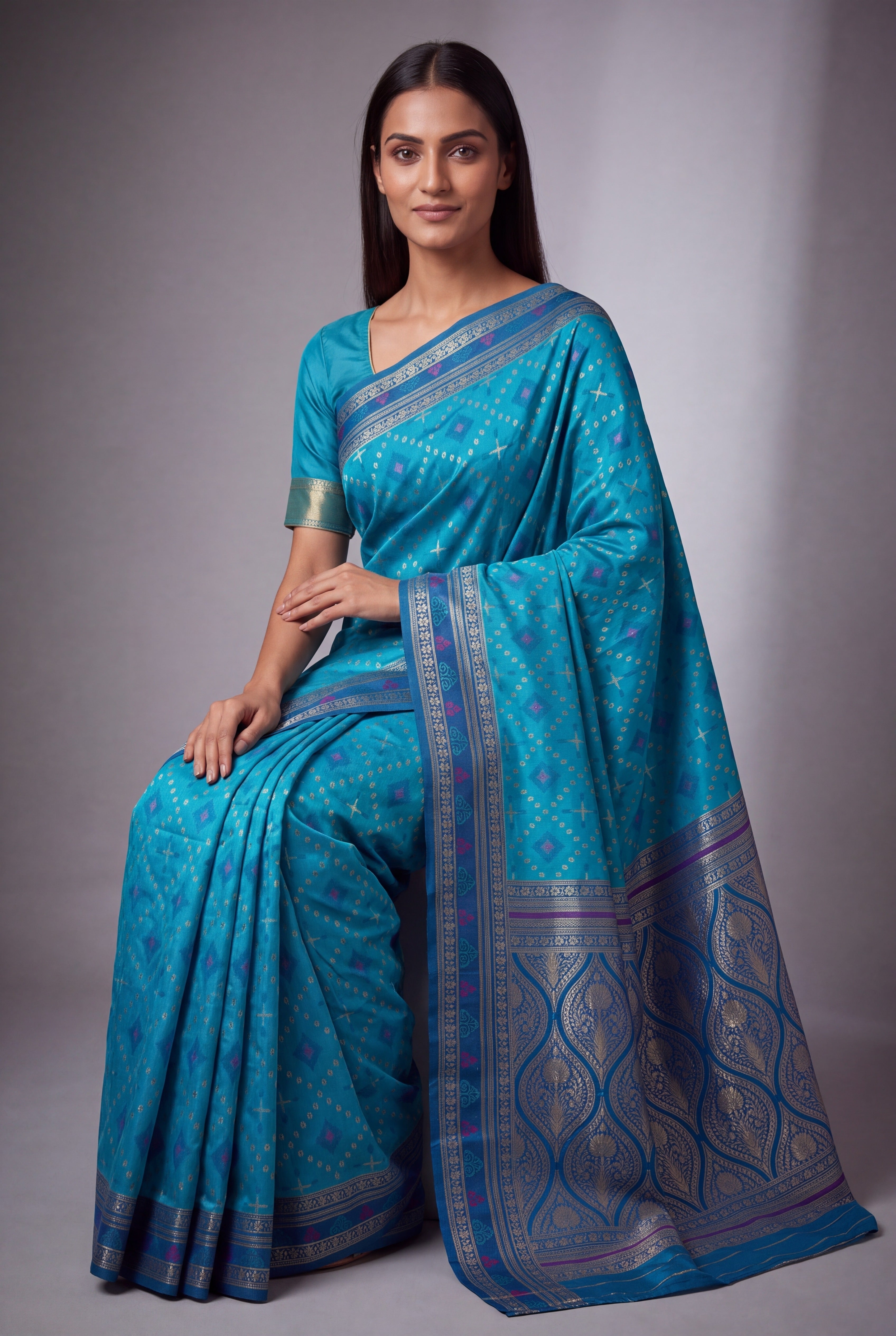 Turquoise Blue Katan Silk Patola Saree with Zariwork Navy Pallu