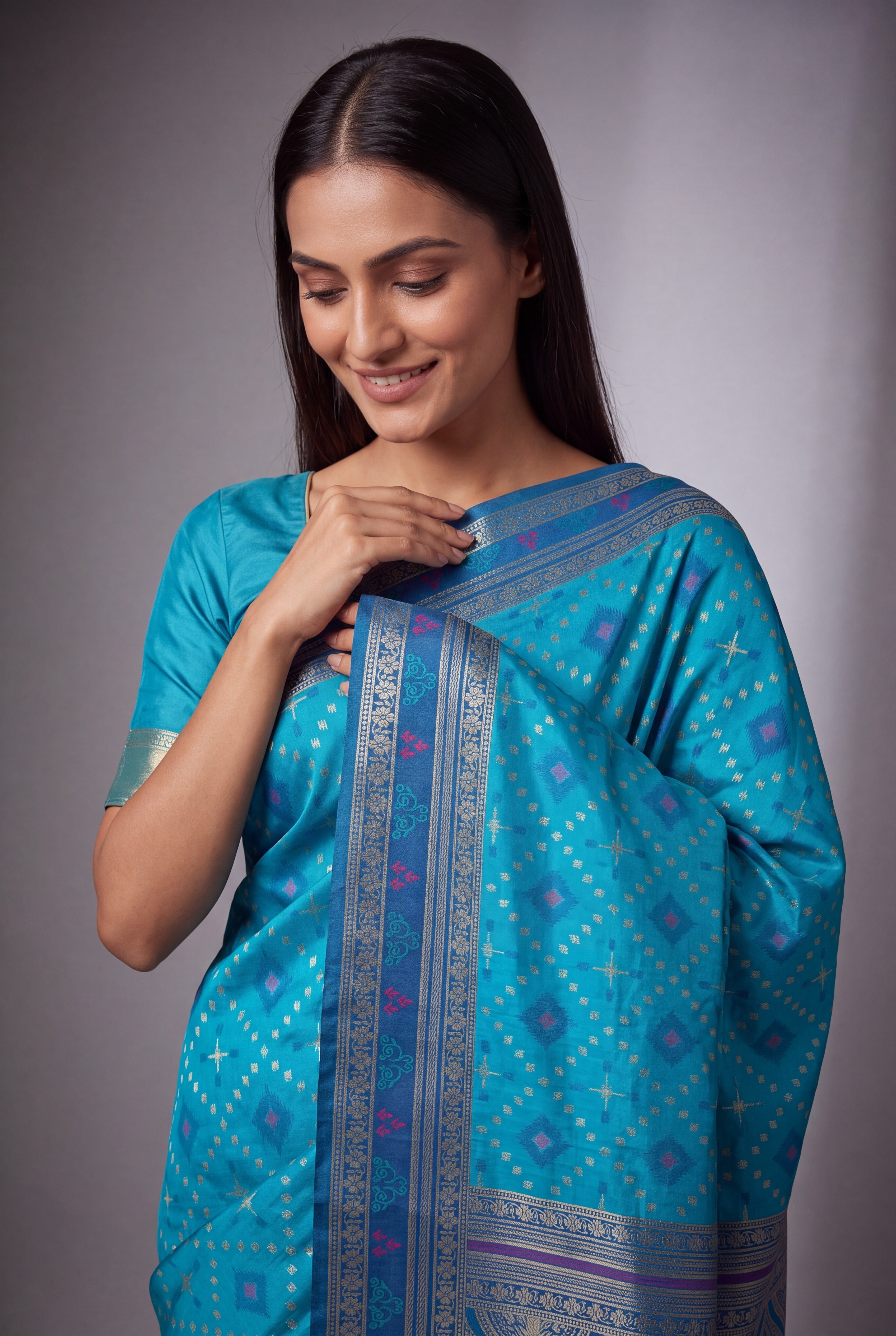 Turquoise Blue Katan Silk Patola Saree with Zariwork Navy Pallu