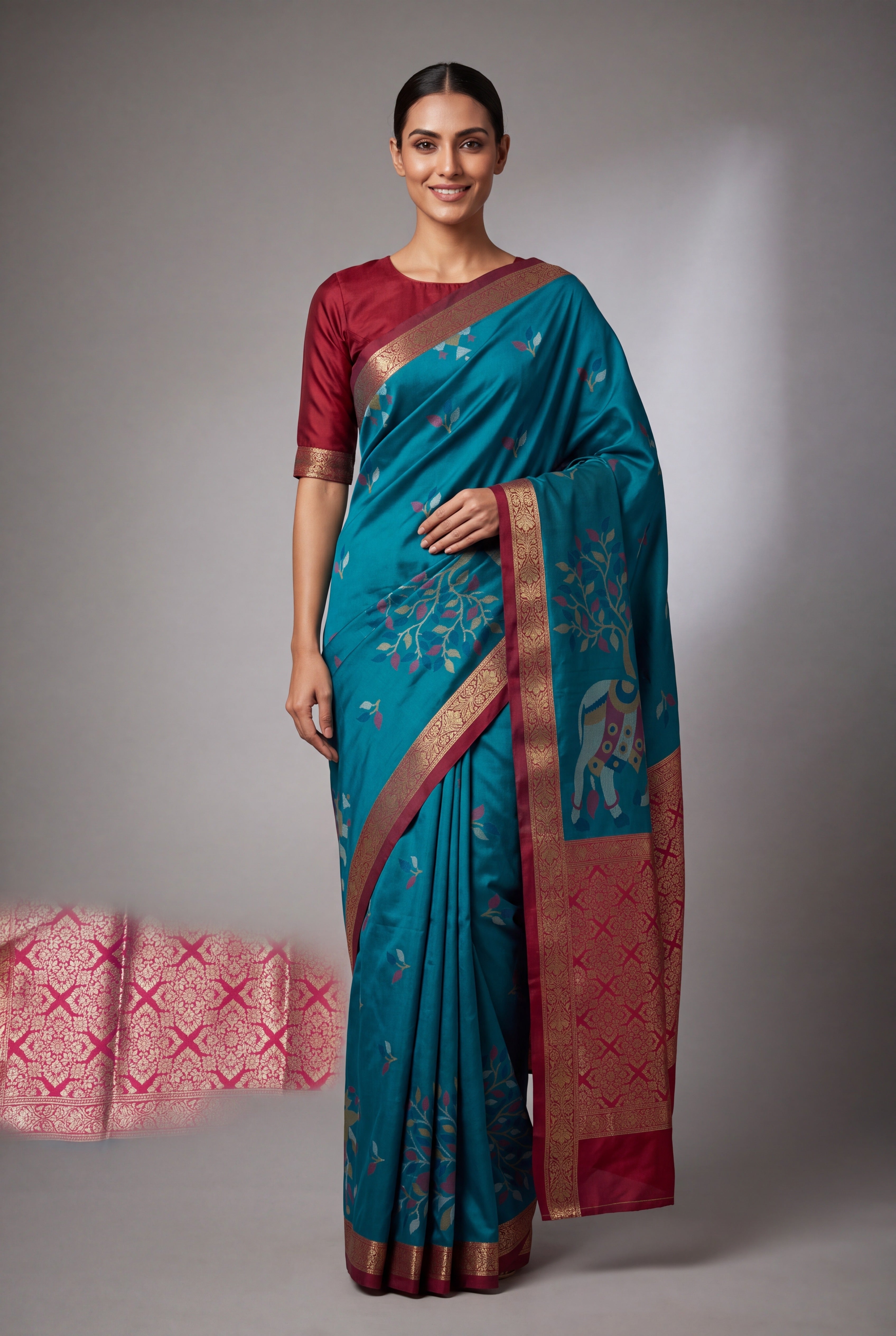 Turquoise Blue Katan Silk Saree with Aghnya Print and Zari Pallu