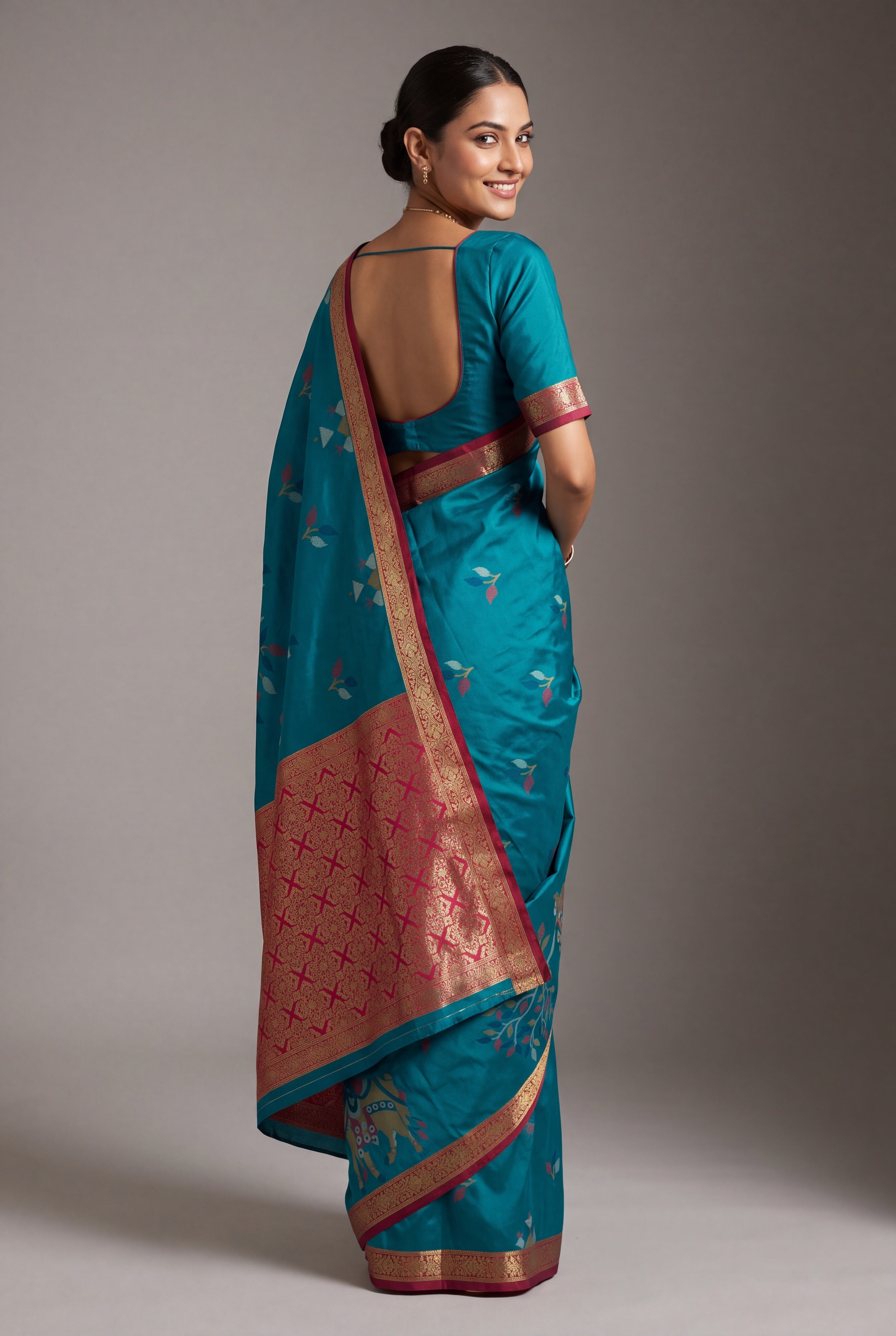 Turquoise Blue Katan Silk Saree with Aghnya Print and Zari Pallu