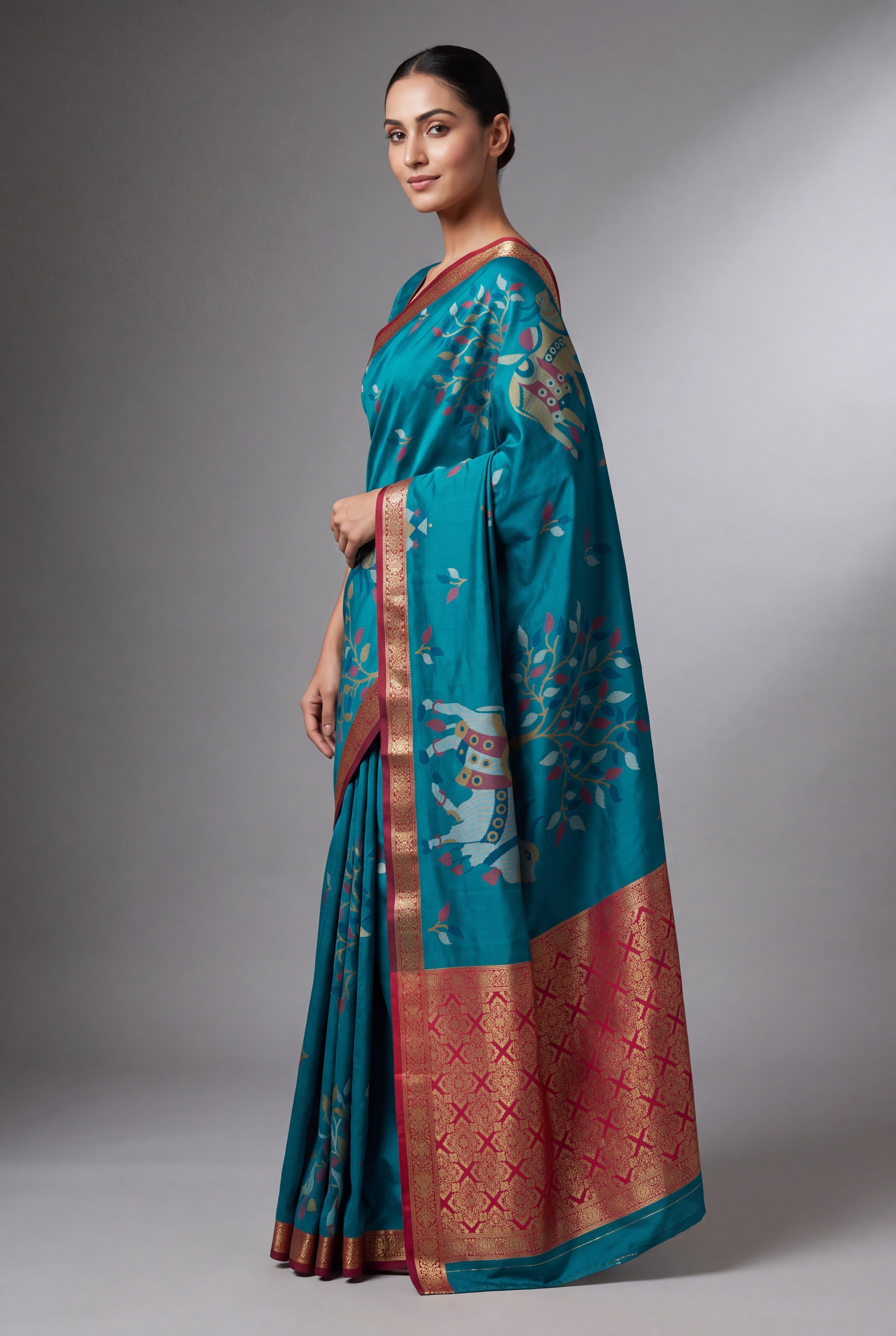 Turquoise Blue Katan Silk Saree with Aghnya Print and Zari Pallu