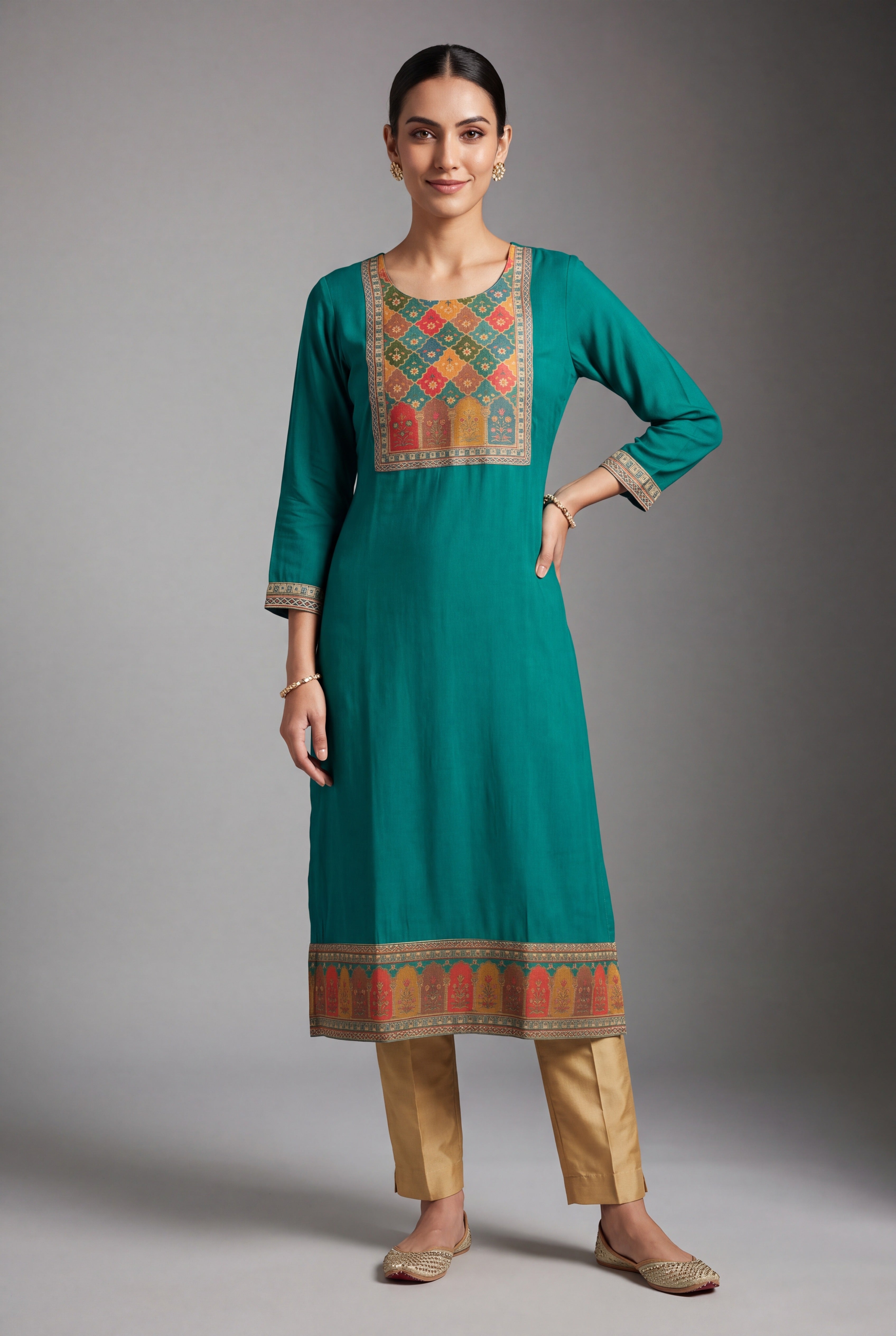 Turquoise Cārumatī Kurti with Floral Tissue Print