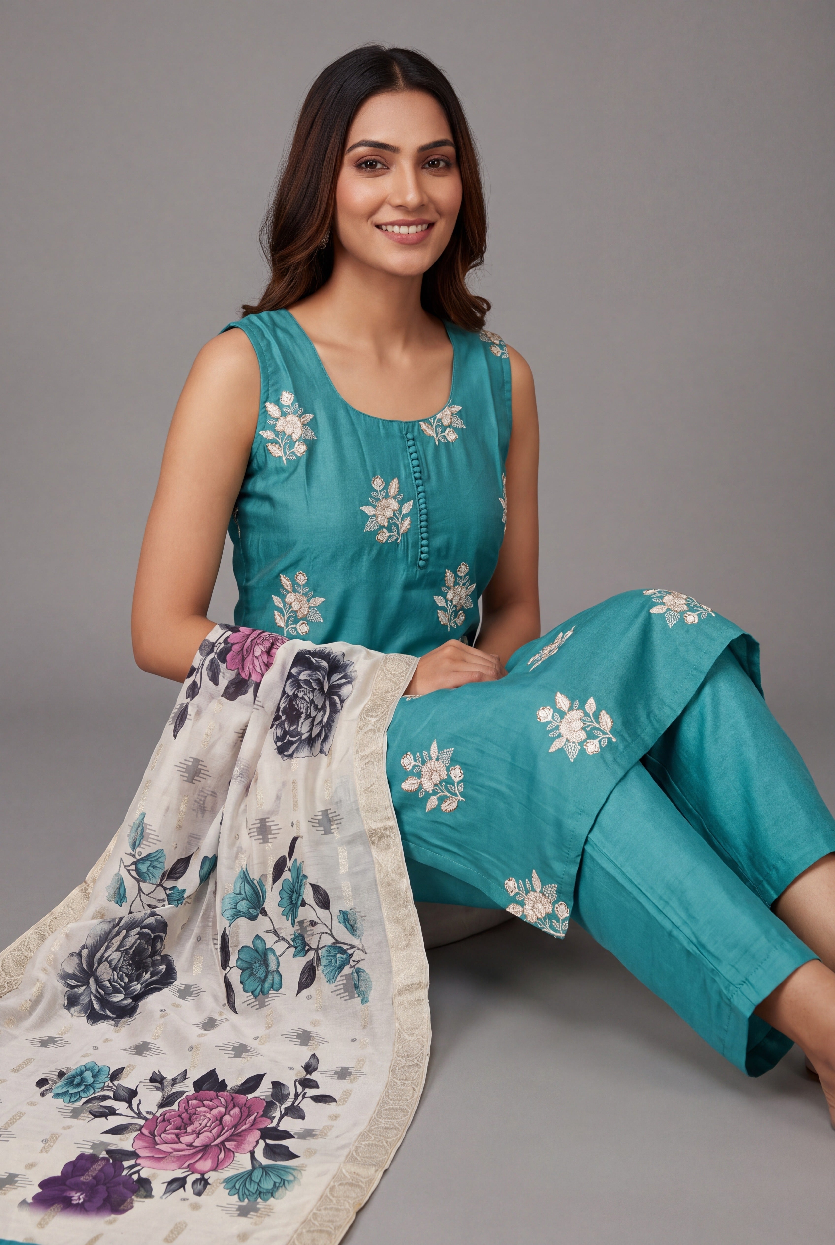 Turquoise Soft Silk Suit Set with Svetakusuma threadwork