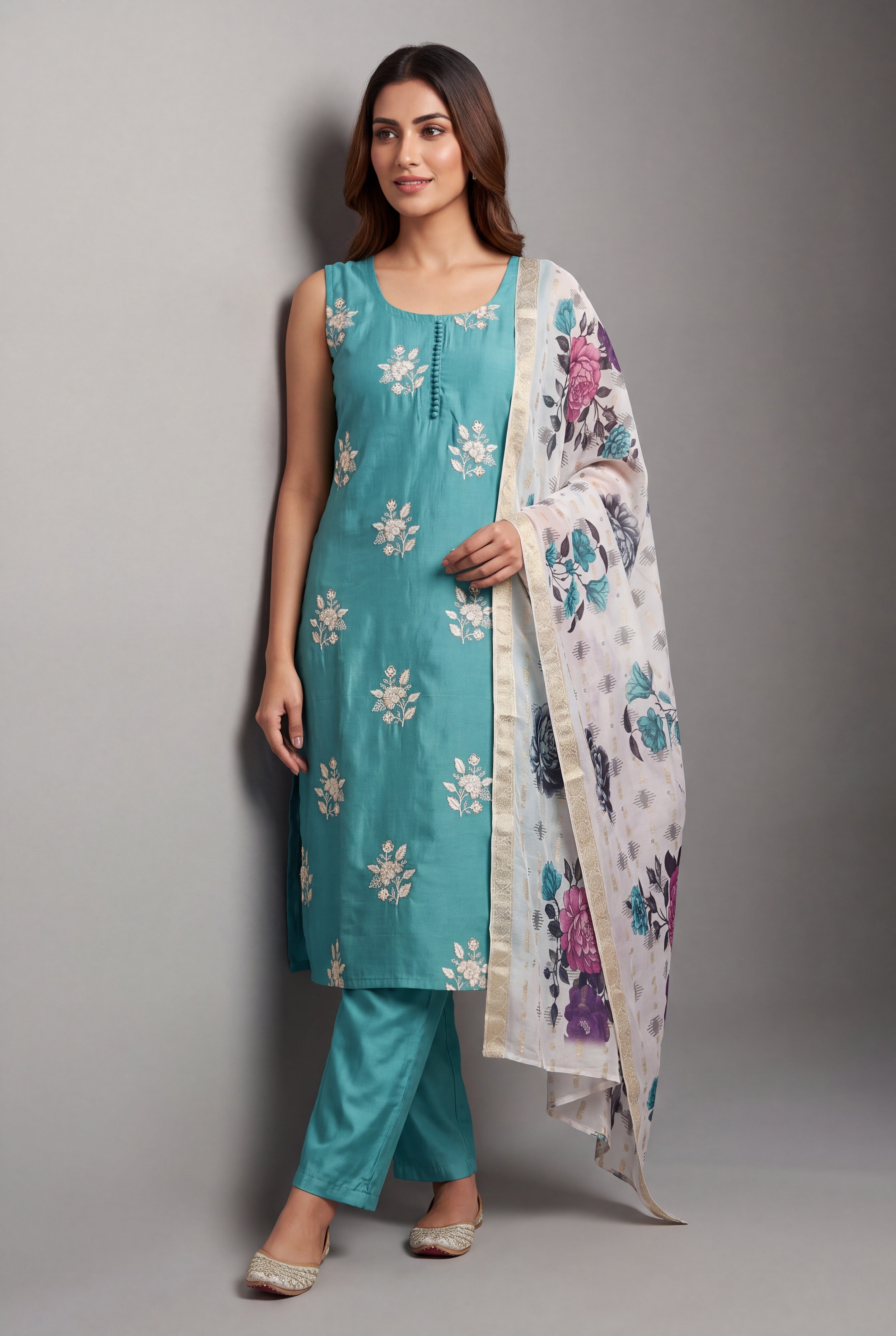 Turquoise Soft Silk Suit Set with Svetakusuma threadwork