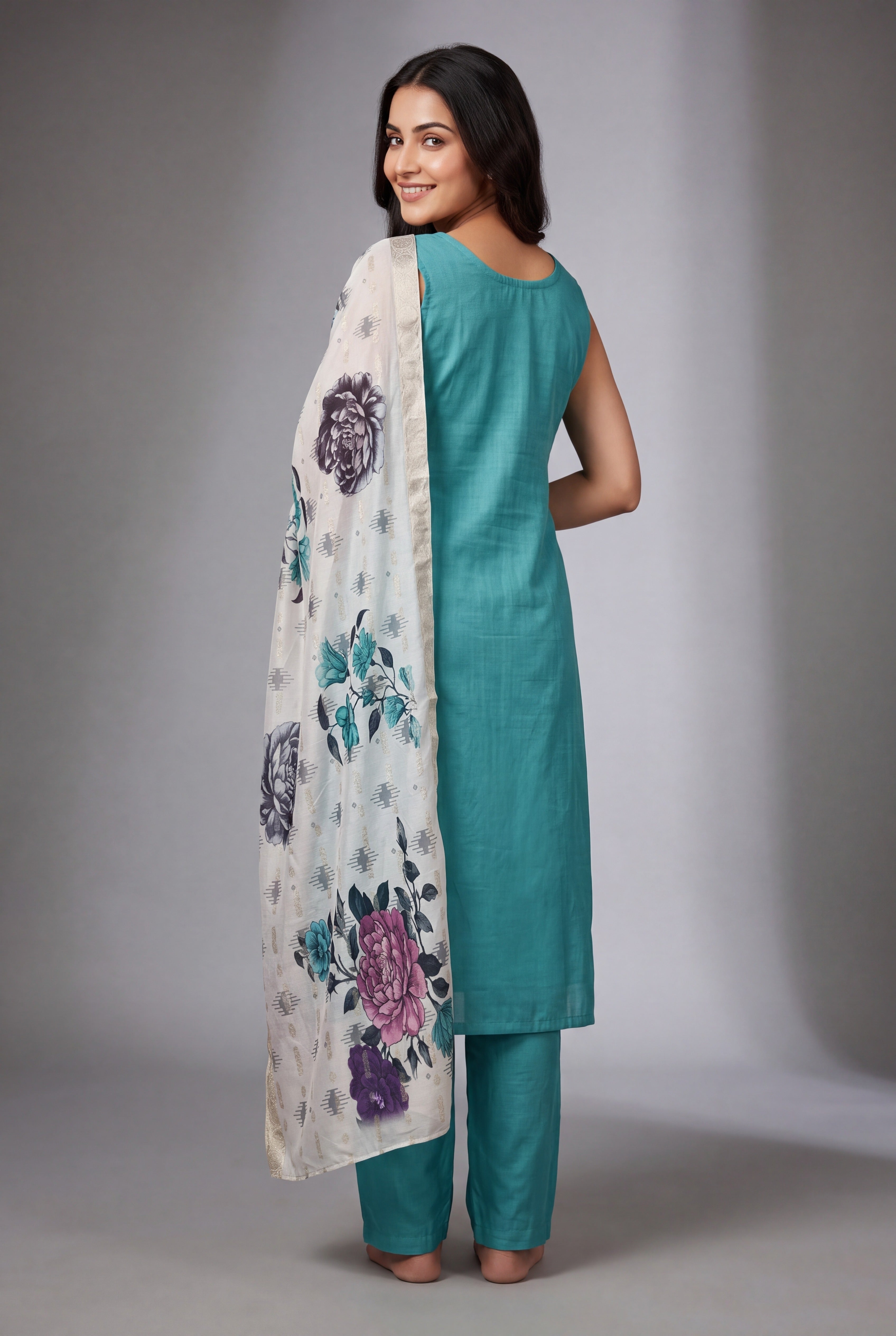 Turquoise Soft Silk Suit Set with Svetakusuma threadwork