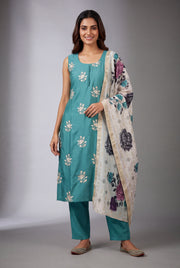 Turquoise Soft Silk Suit Set with Svetakusuma threadwork