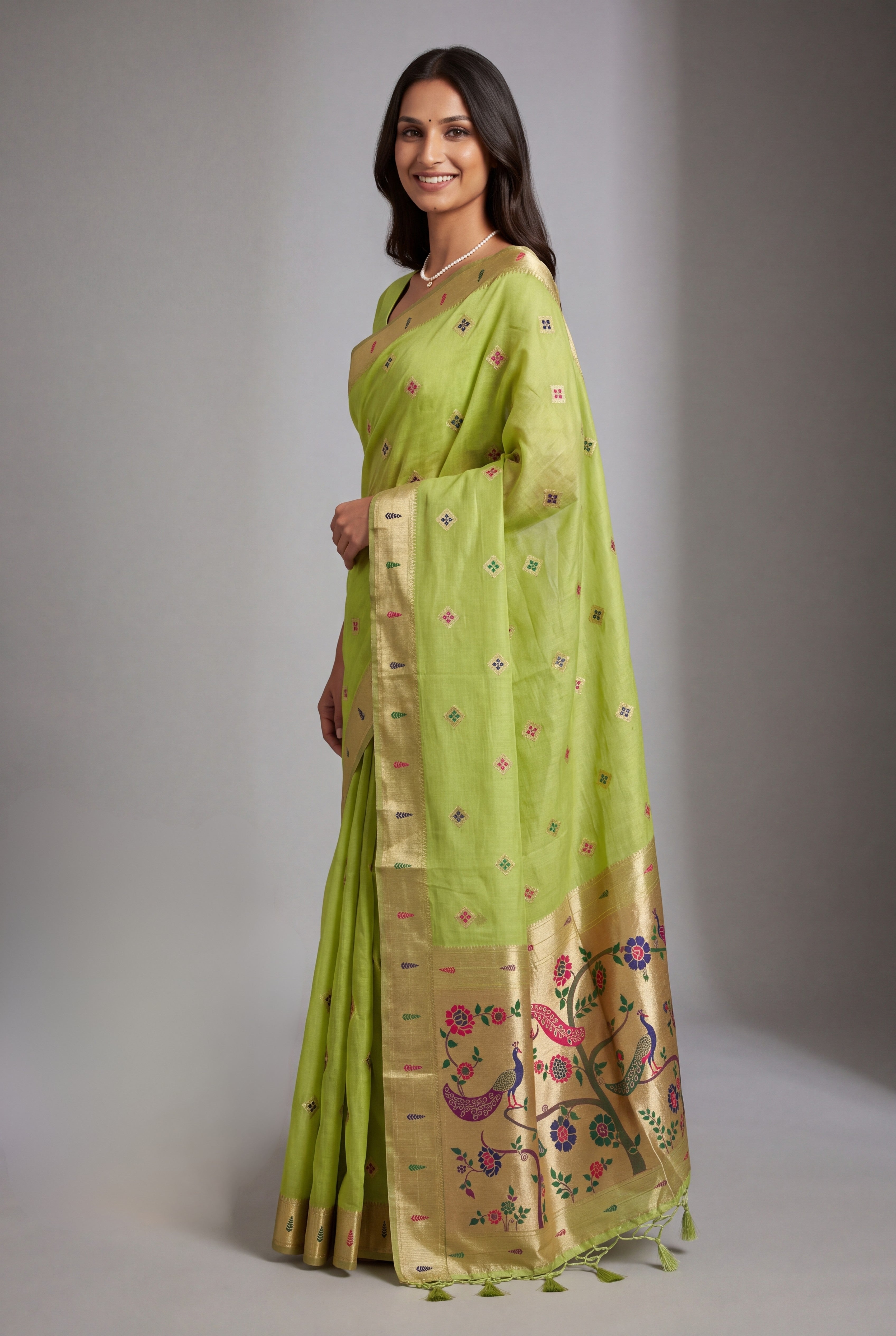 Pastel Green Cotton Paithani Saree with Vṛkṣa border and Nīlamaṇi Pallu