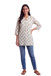 Cream Pure Cotton Nīlapuṣpa Short Kurti with Mandarin Collar