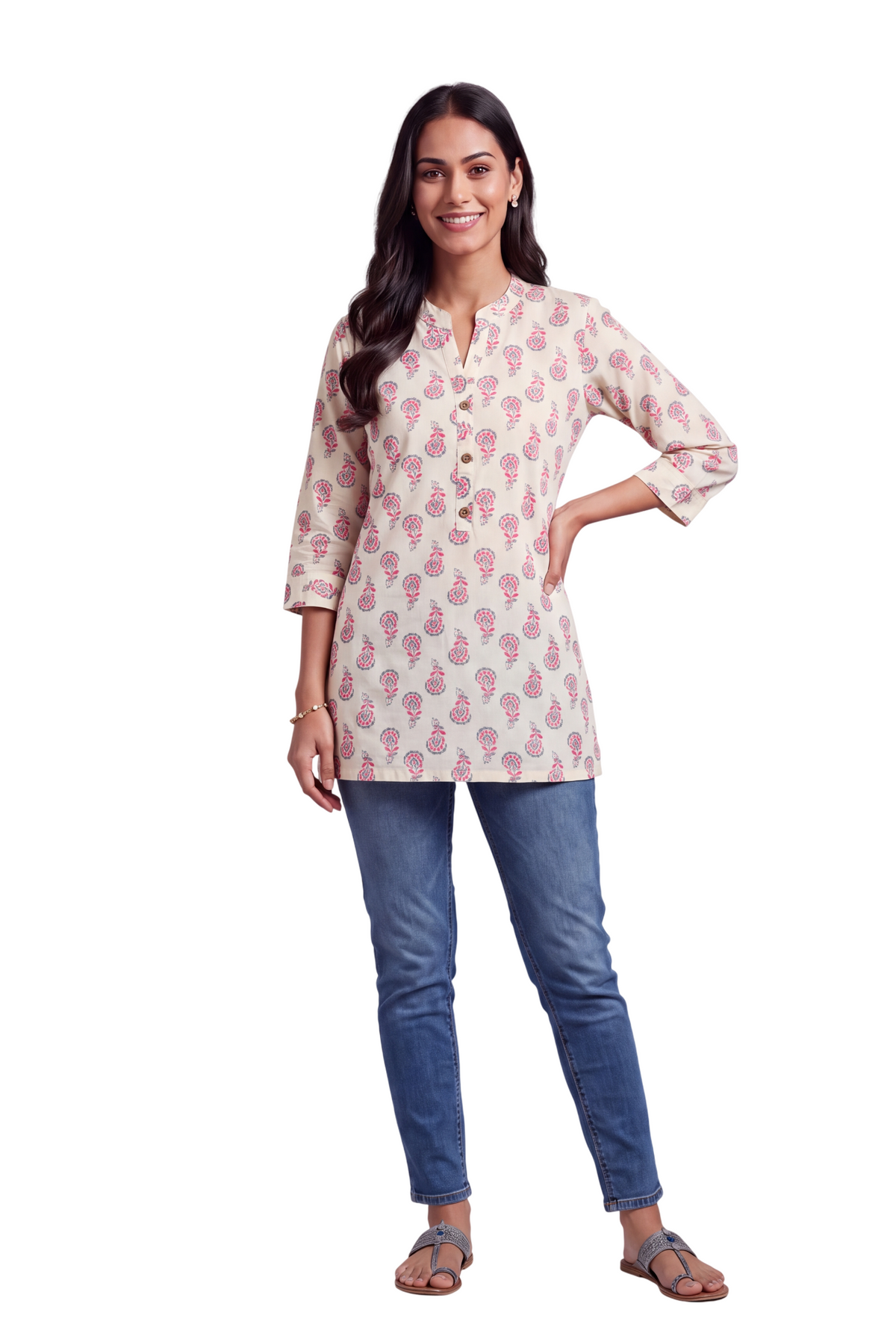 Cream Pure Cotton Pāṭalā Short Kurti with Mandarin Collar