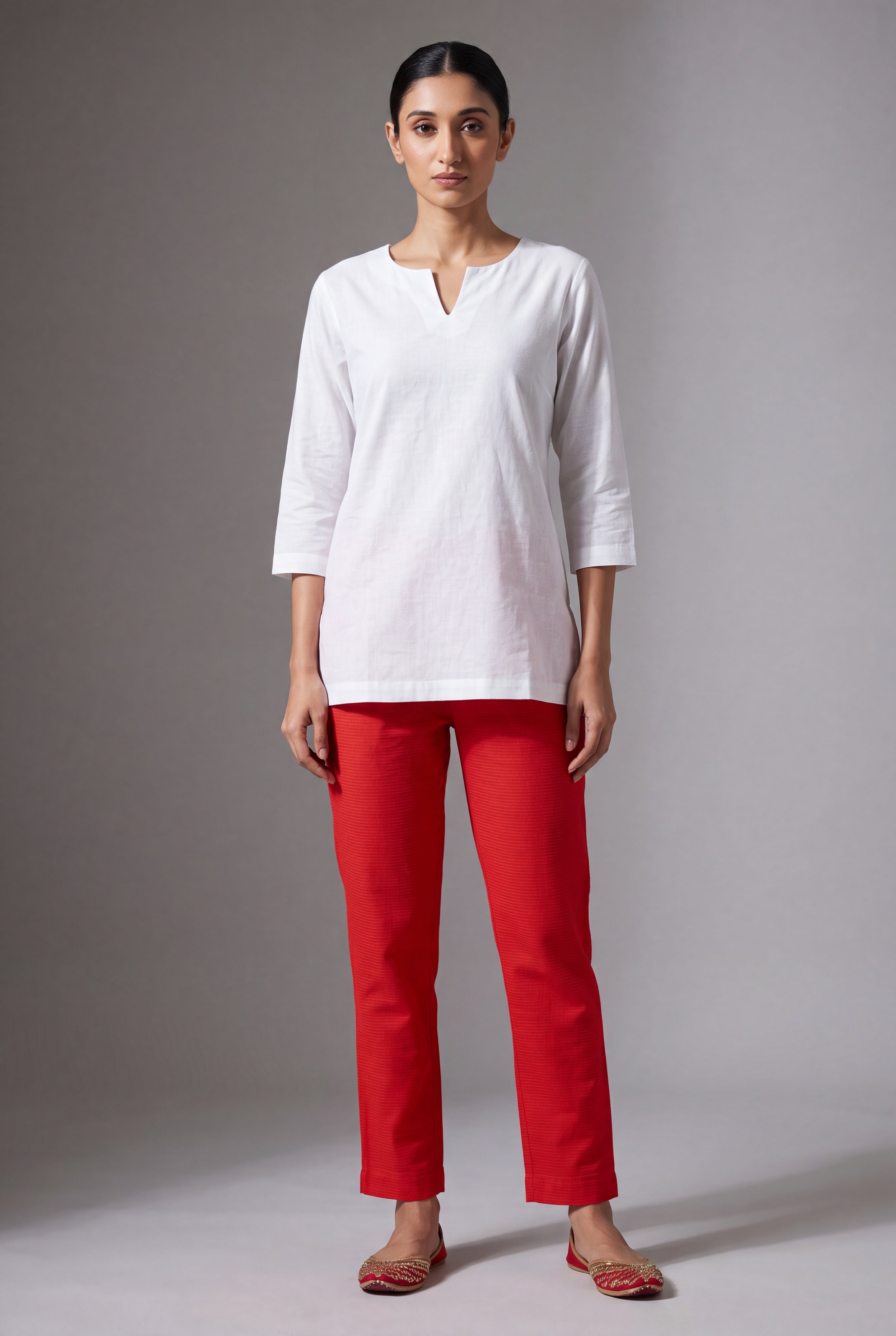 Red Cotton Stretch Pants with Elastic waistband
