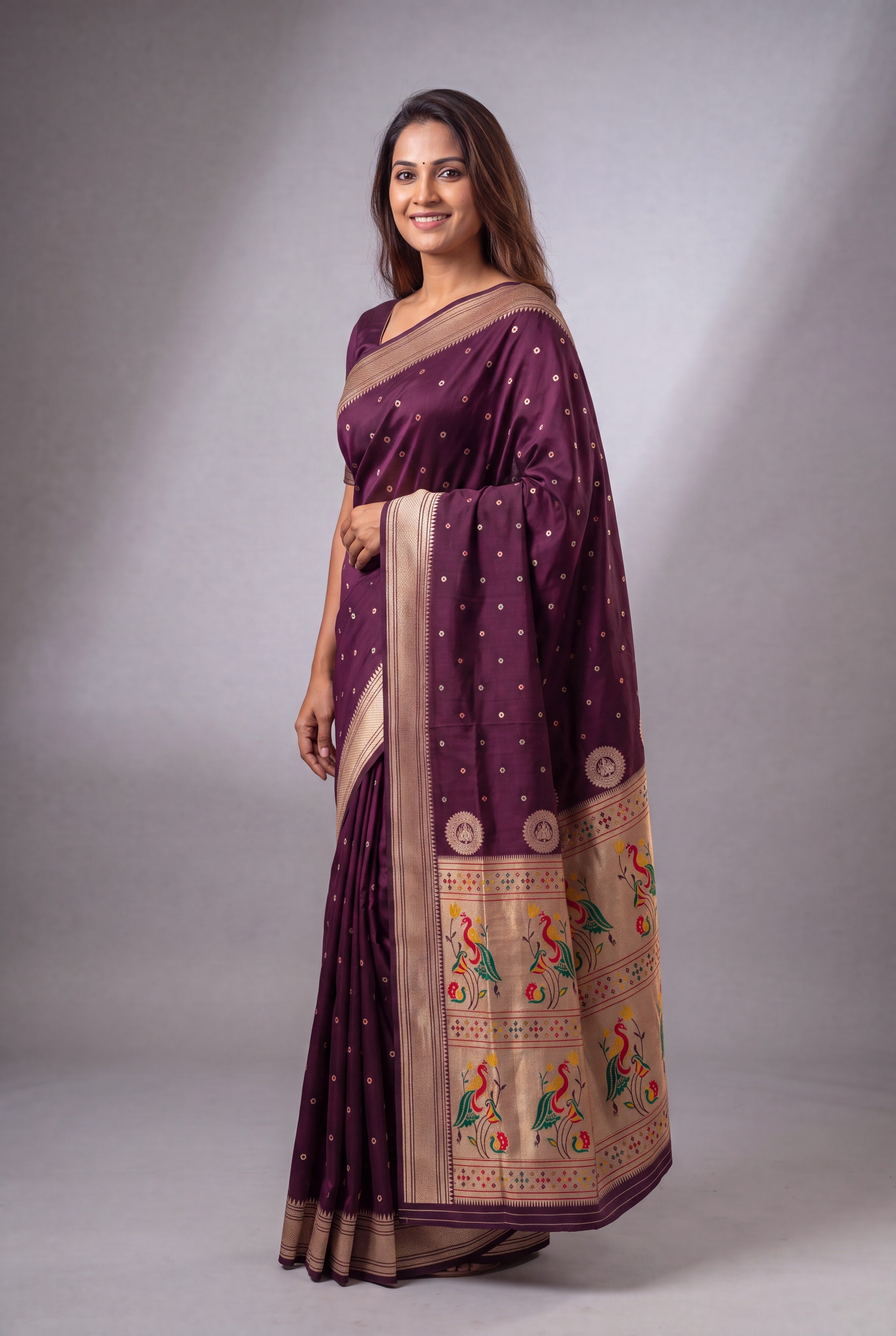 Wine Katan Silk Paithani Saree with Mayuramala Pallu and Meena butti
