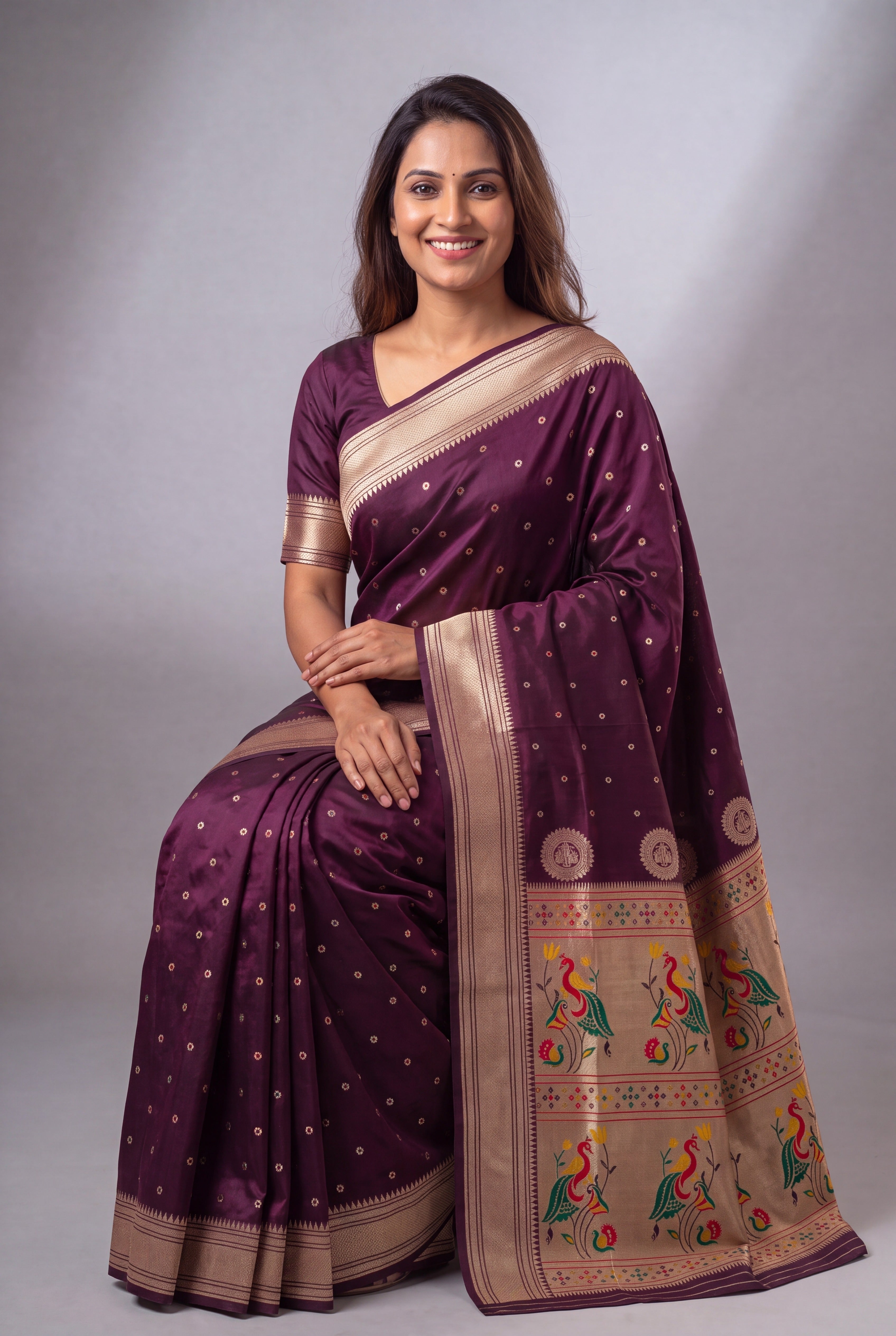 Wine Katan Silk Paithani Saree with Mayuramala Pallu and Meena butti