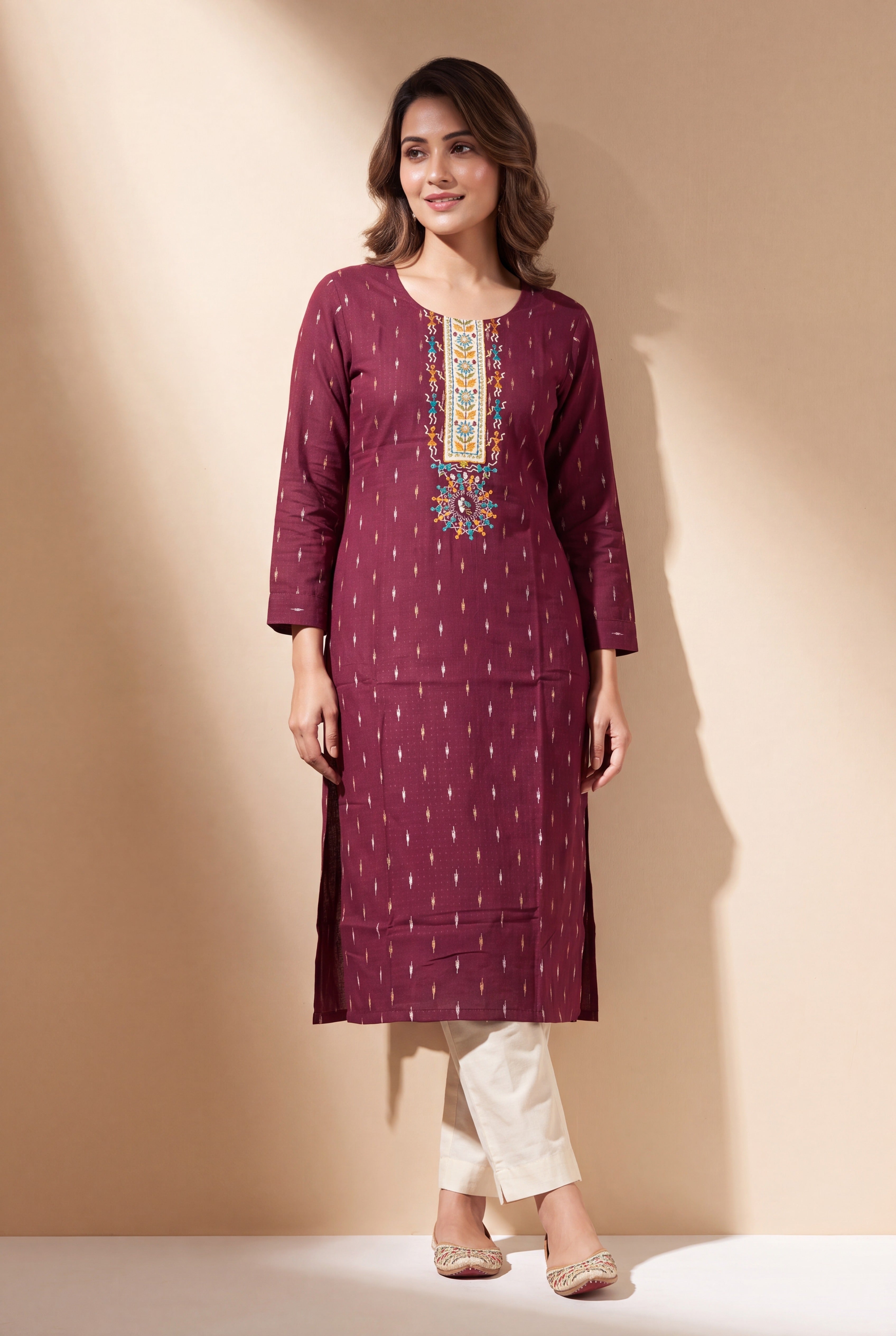 Wine Kurti with Teal and Mustard Warli Embroidary