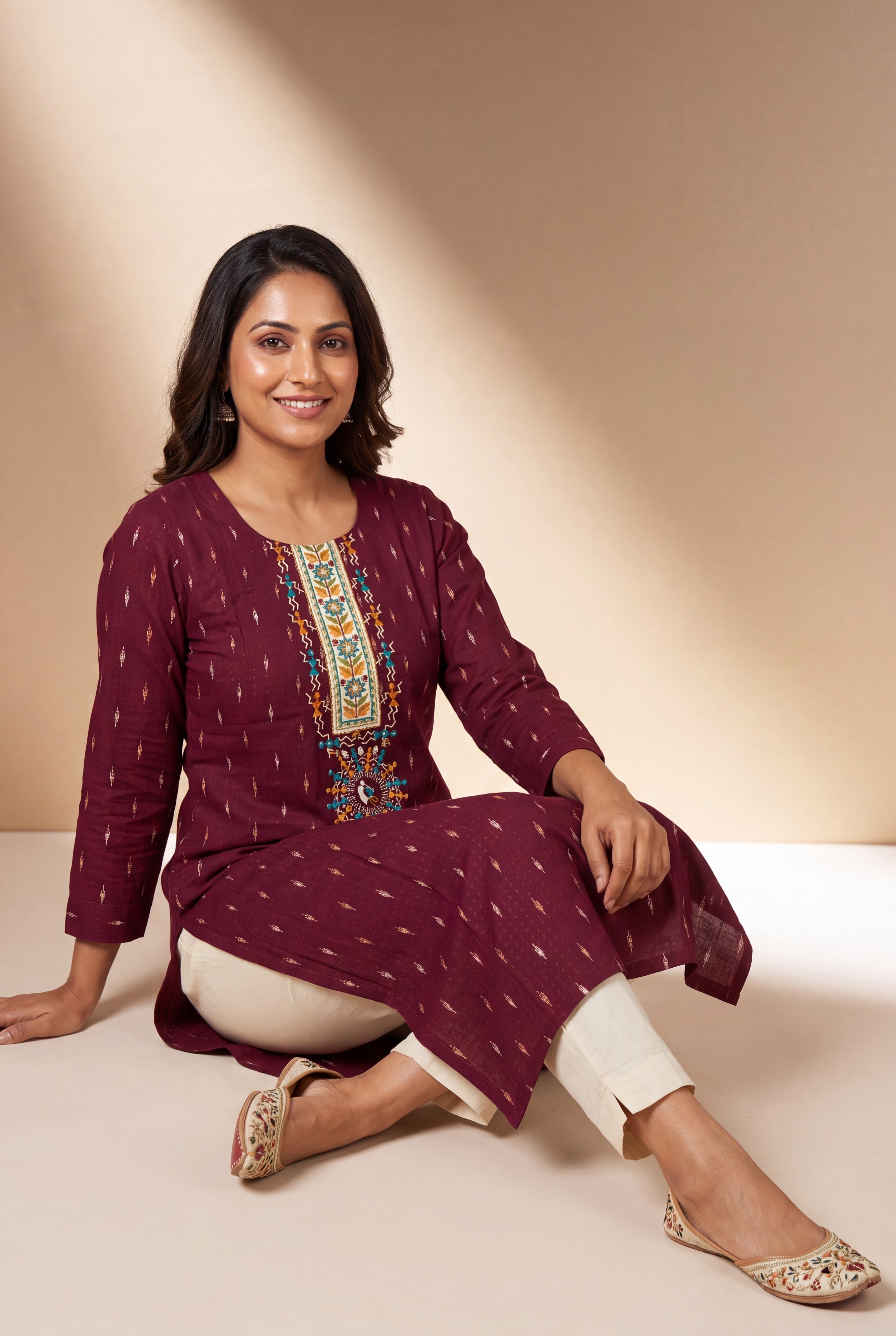 Wine Kurti with Teal and Mustard Warli Embroidary