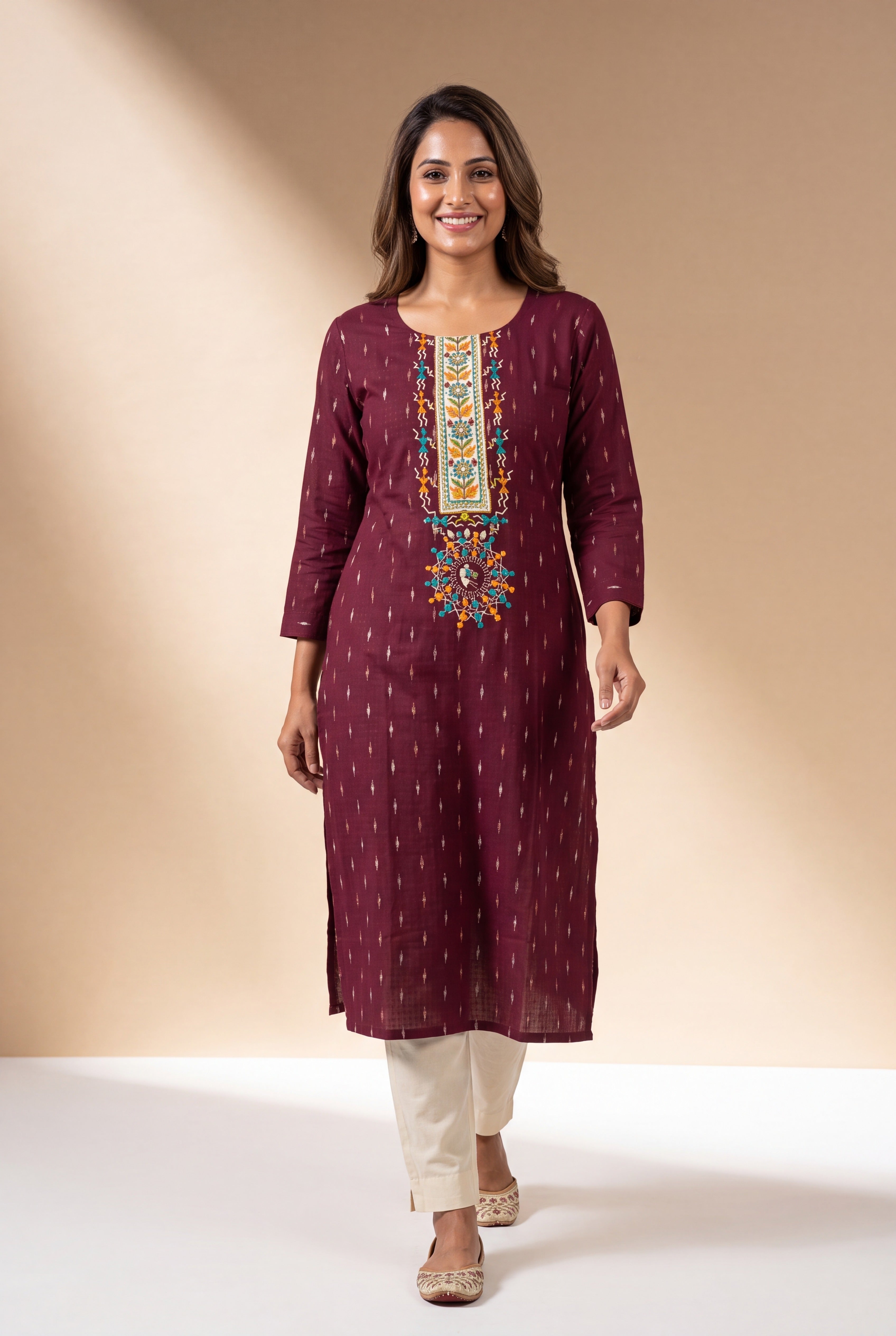 Wine Kurti with Teal and Mustard Warli Embroidary