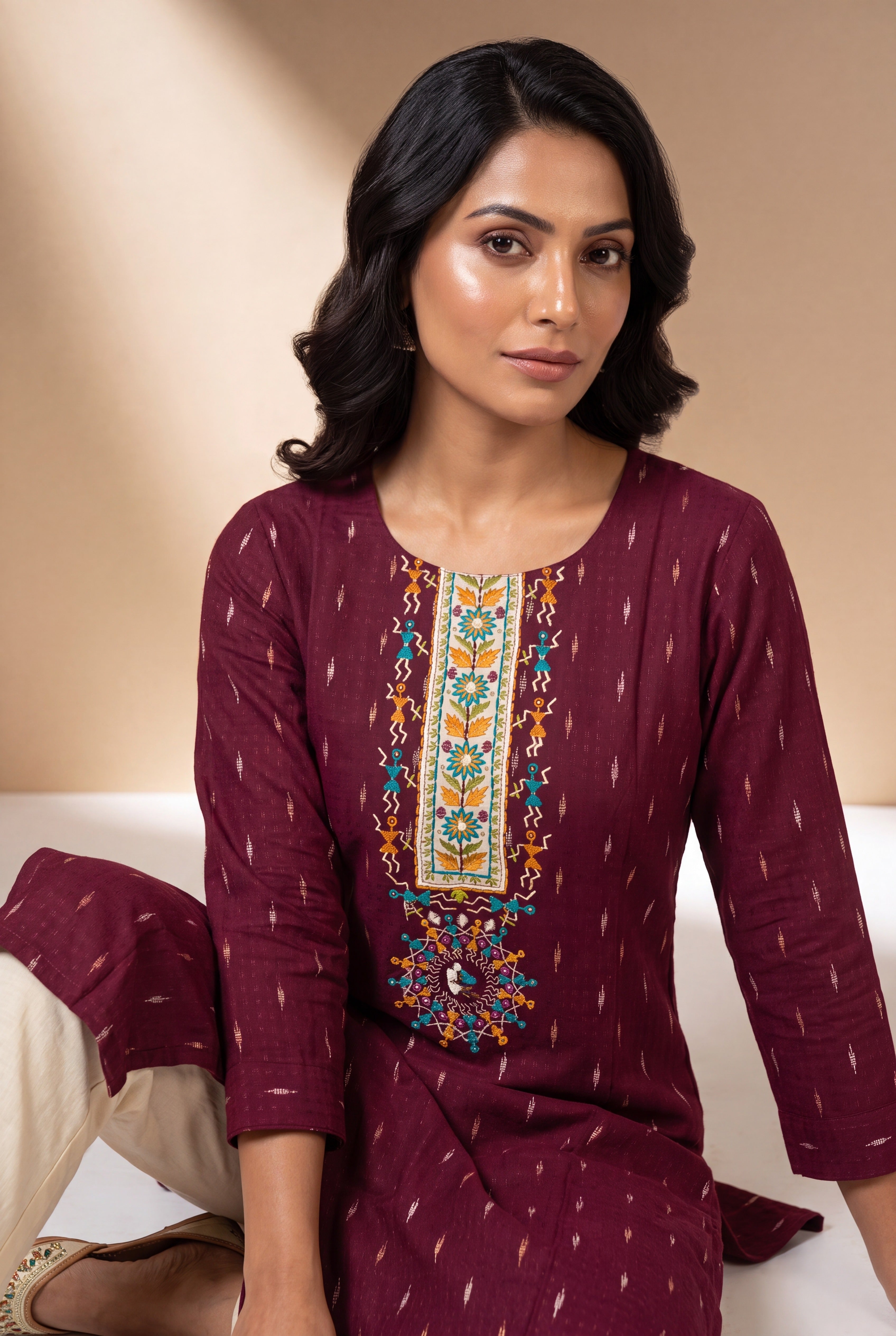 Wine Kurti with Teal and Mustard Warli Embroidary