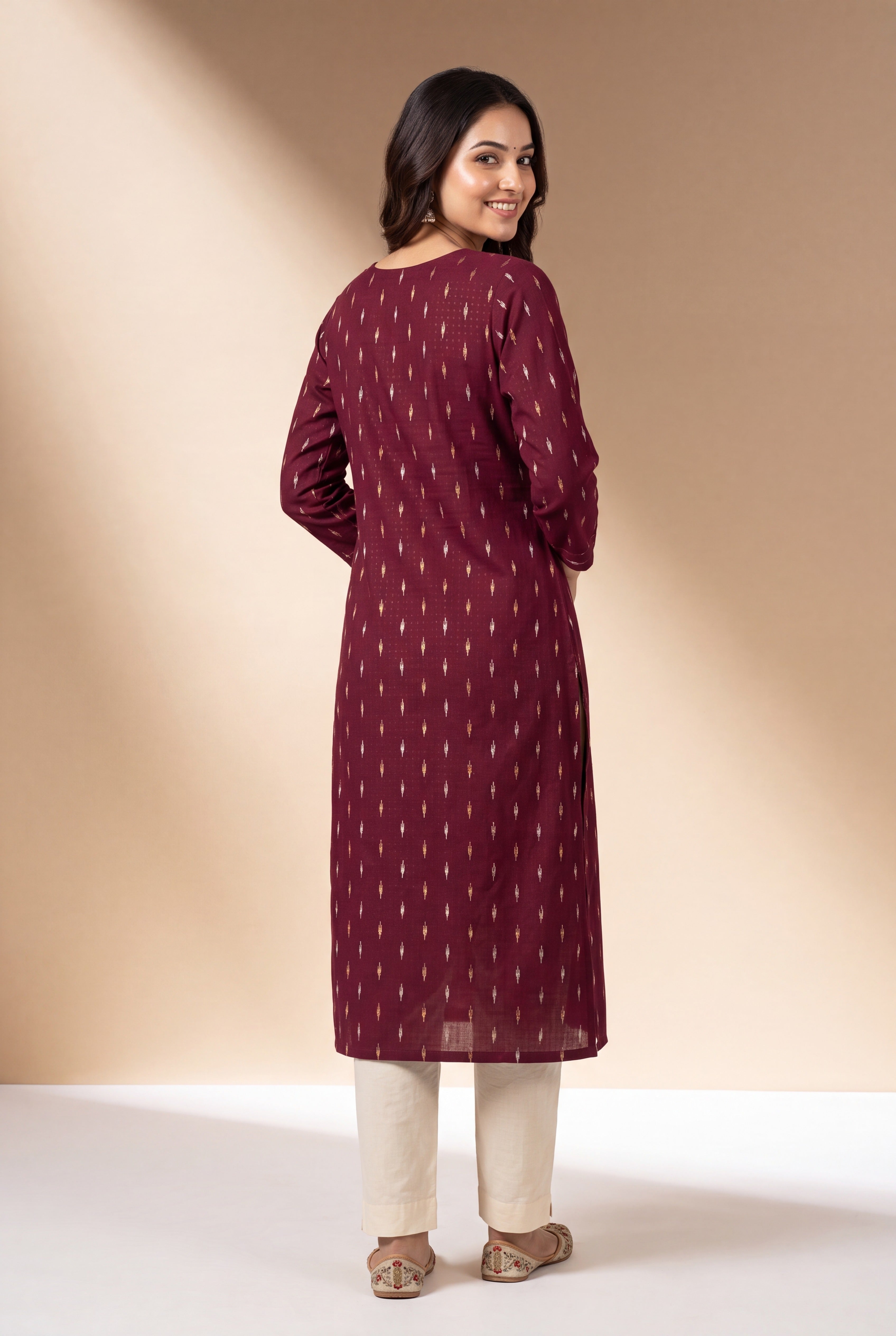 Wine Kurti with Teal and Mustard Warli Embroidary