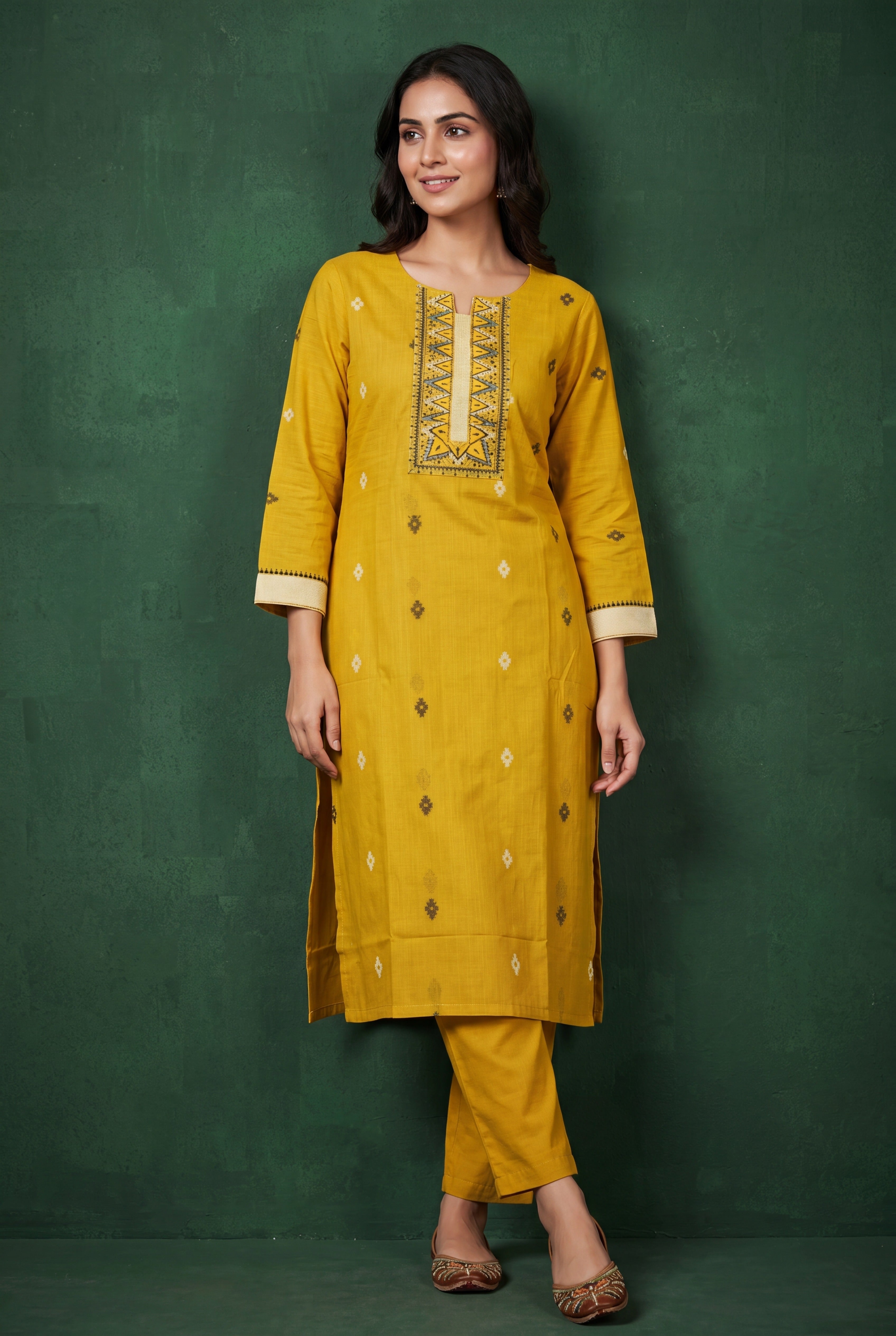 Yellow Kanaka Cotton Kurti with Printed Motifs